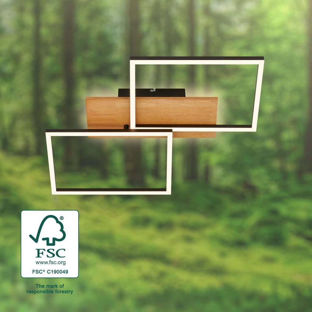 Briloner Leuchten LED Deckenleuchte 3808014, Dimmfunktion, LED fest integriert, 2700K - Extra-Warmweiß, LED Deckenlampe 50x41x8,5 cm Schwarz-Holz 30W Wohnzimmer Schlafzimmer