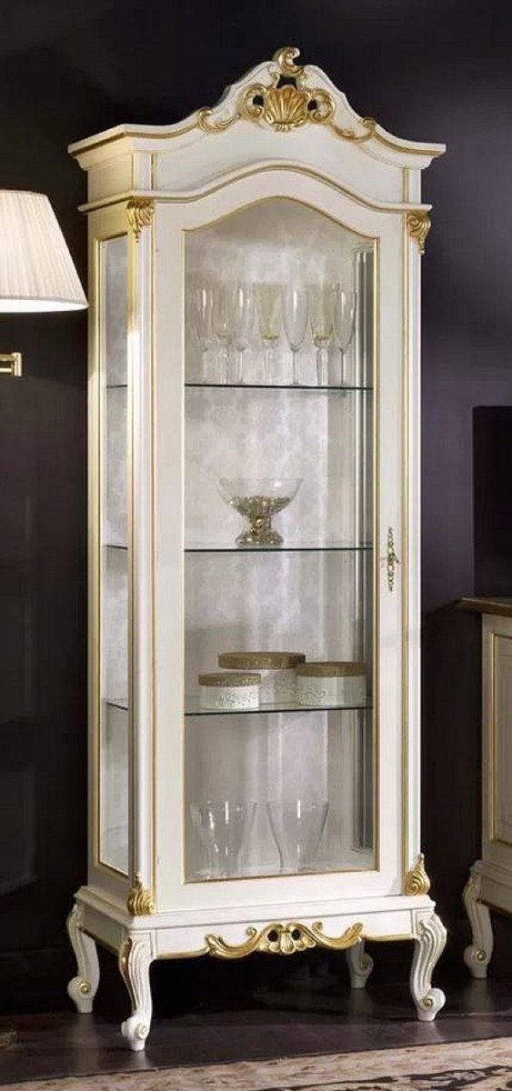 Casa Padrino Vitrine Luxus Barock Vitrine Weiß / Gold - Handgefertigter Massivholz Vitrinenschrank mit Glastür - Prunkvolle Barock Möbel - Luxus Qualität - Made in Italy | Vitrinenschränke