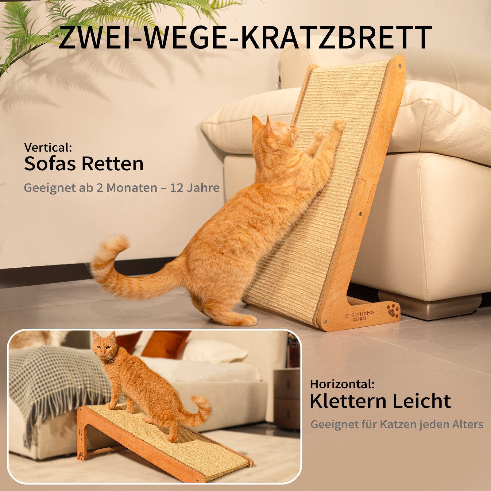 CheerPals Kratzbrett (63cm) L-förmiges 2-in-1 Sisal aus massivem Buchenholz, (1-tlg)