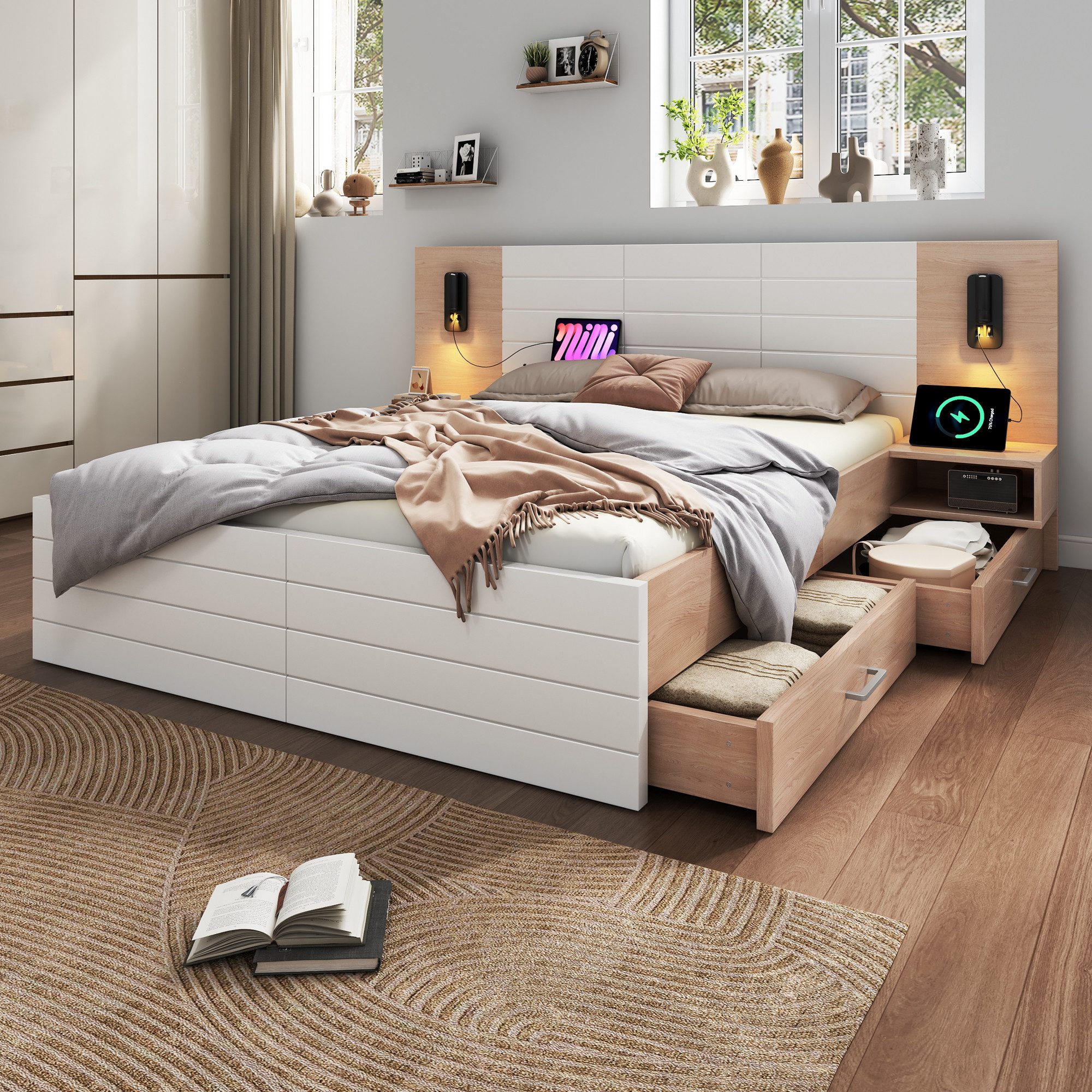 OKWISH Polsterbett Bettanlage mit Stauraum (Doppelbett, Holzbett, 1-tlg., 180×200cm, Ohne Matratze), mit 2 Schubladen, 2 Nachtkommode, Leselicht&USB Ladefunktion