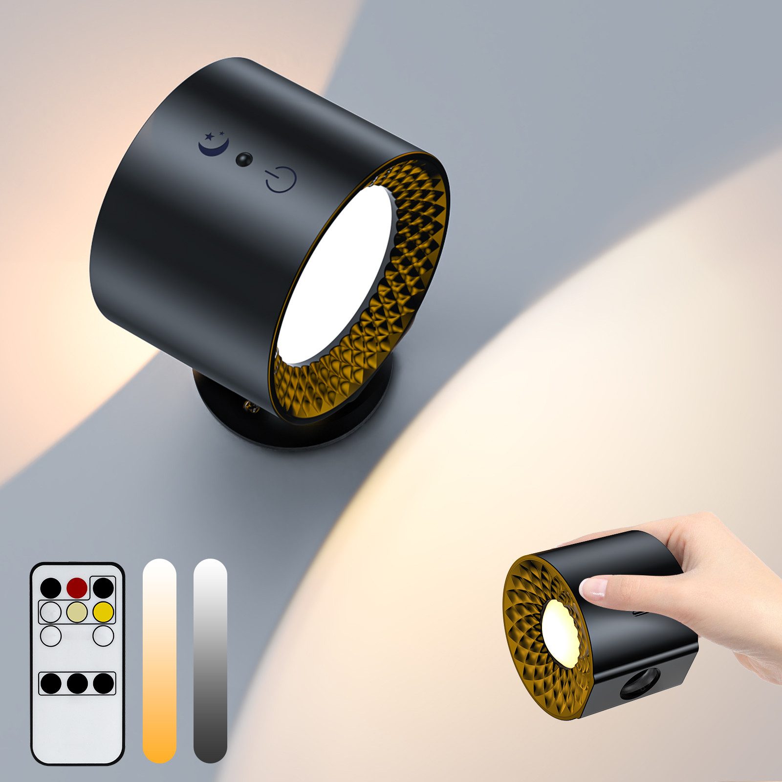 skelo LED Wandleuchte Wandleuchte innen schwenkbar, mit Fernbedienung, 12 x 8 x 6cm, Schwarz, Leselampe, LED fest integriert, wandlampe, Kaltweiß, Warmweiß, Natürliches Licht, Kabellose Spotlight Aufladbar, LED mit Timing Funktion (0,5/1/2H)
