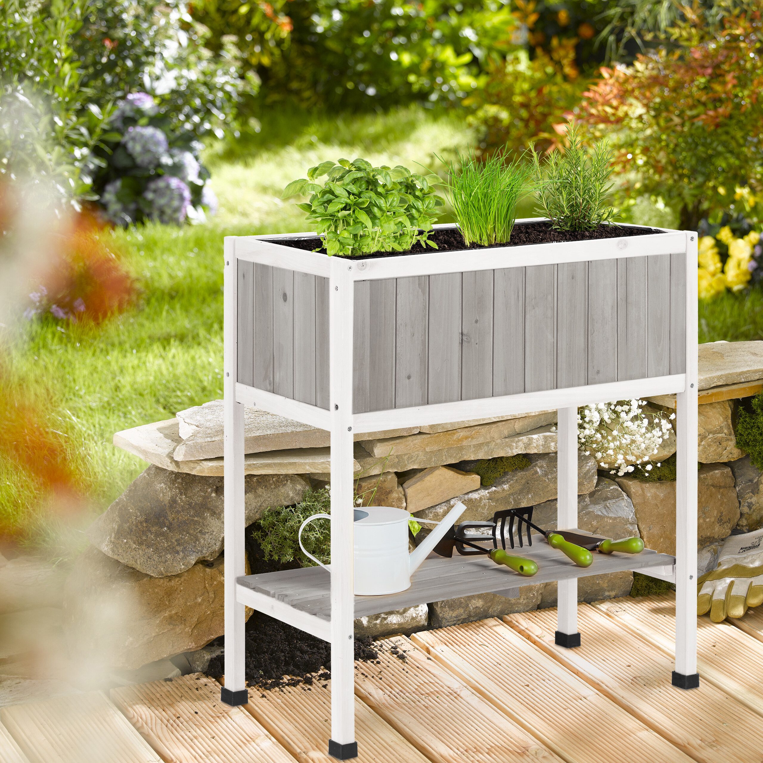 relaxdays Hochbeet aus Holz, Grau-Weiß