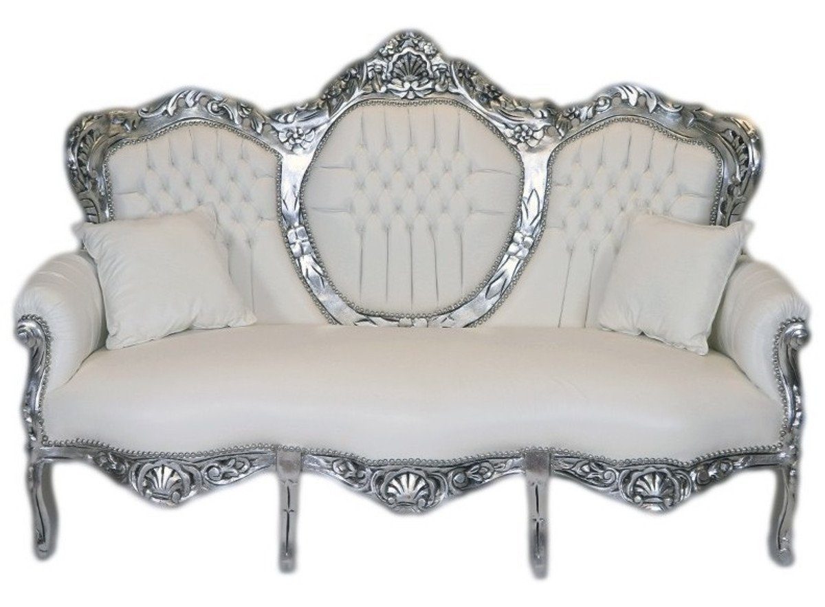 Padrino - Weiß Wohnzimmer King 3-Sitzer Barock Couch Sofa Casa Möbel Lederoptik Silber / Lounge 3er