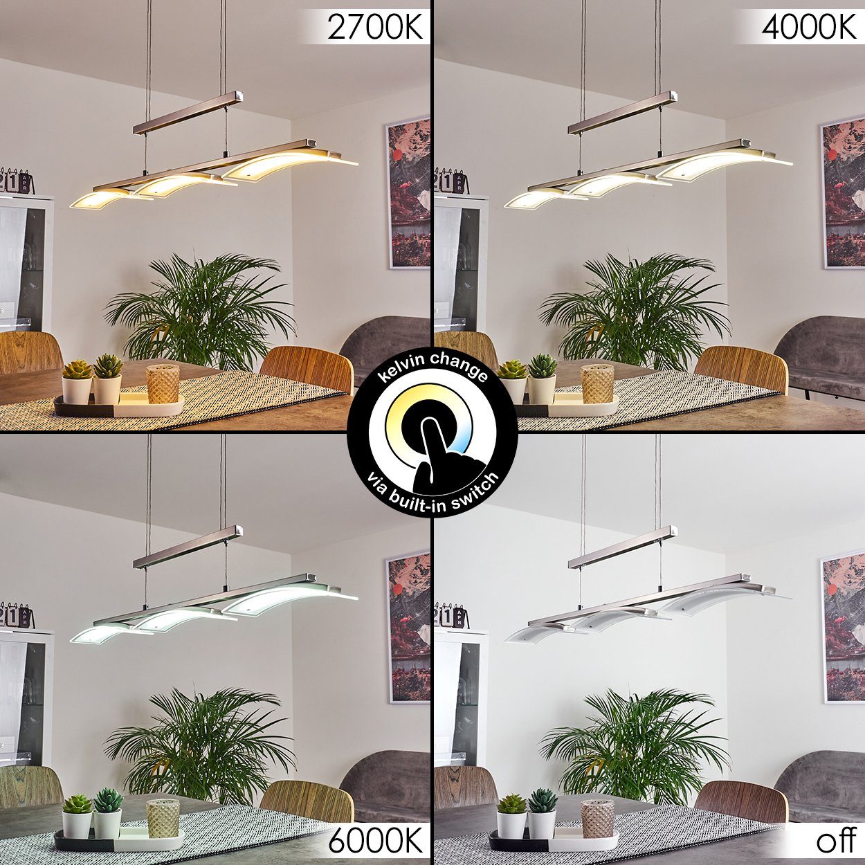 hofstein Pendelleuchte »Ovaro« dimmbare Deckenlampe, Metall, Nickel-matt, klarem Glasschirm, 2700 Kelvin, moderne Hängelampe mit Tastschalter, 3xLED 5 Watt, 1350 Lumen