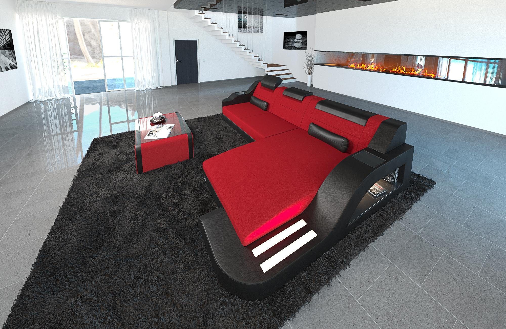 mit L LED, Rot-Schwarz Dreams Stoffsofa ausziehbare C134 Polstersofa Palermo Designersofa Couch Form, Ecksofa Stoff Bettfunktion, Sofa