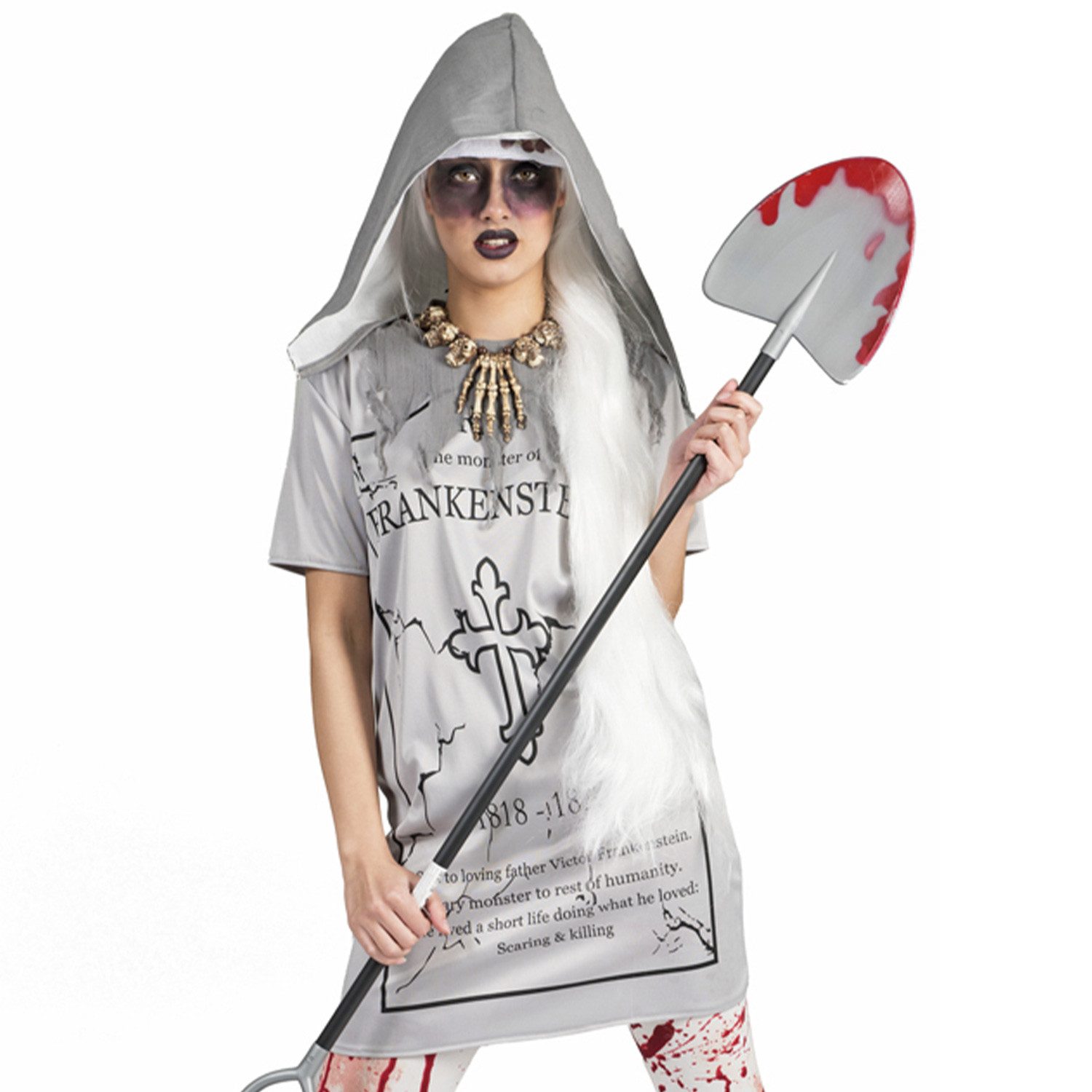 Funny Fashion Hexen-Kostüm Grabstein Tammy Kleid mit Kapuze für Damen, Grau