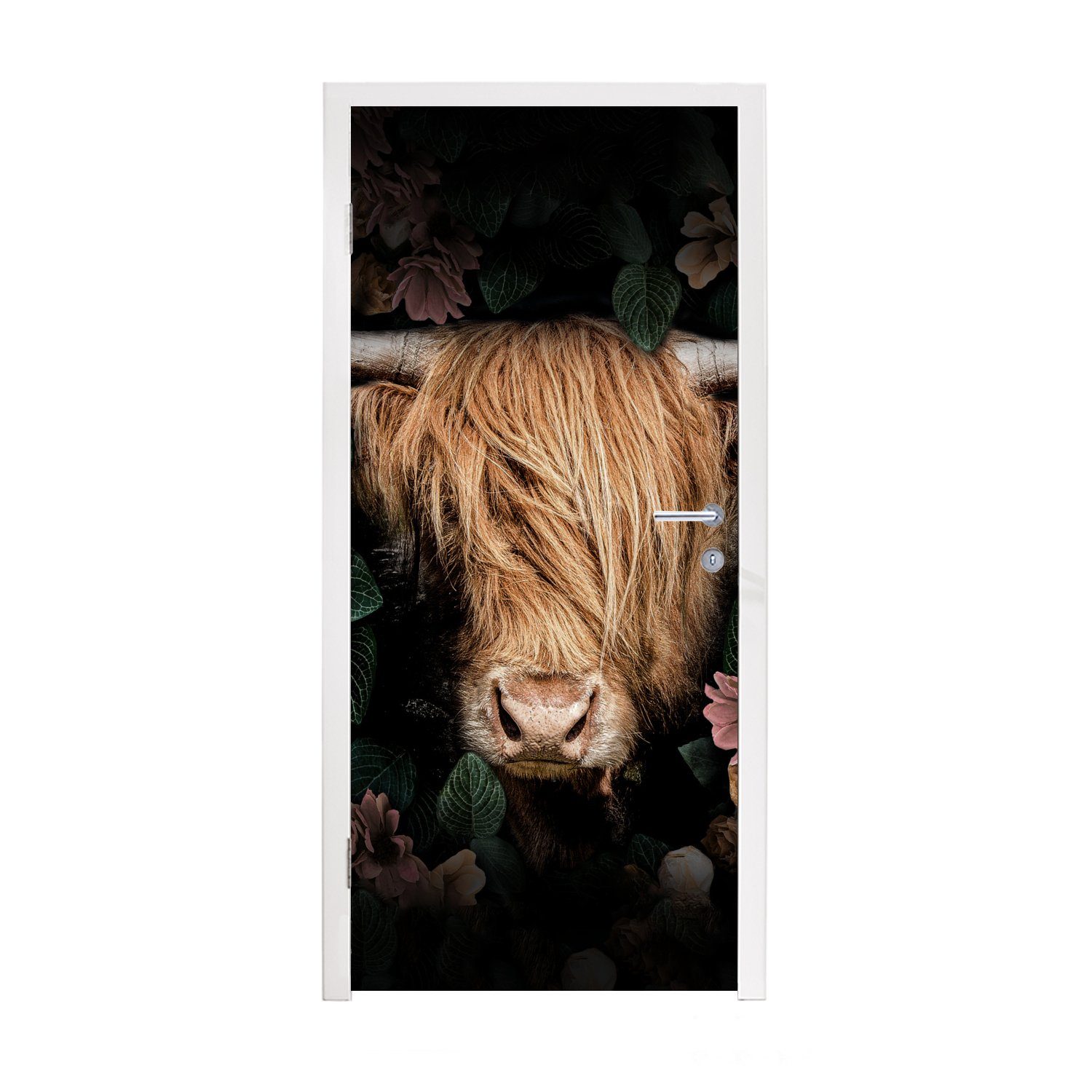 MuchoWow Türtapete Schottischer Highlander - Kuh - Blätter, Matt, bedruckt, (1 St), Fototapete für Tür, Türaufkleber, 75x205 cm