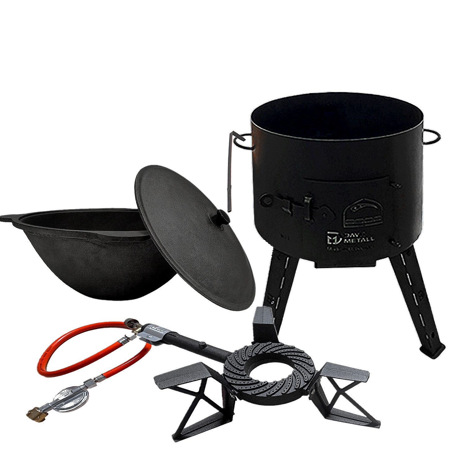 Holzkohlegrill Utschak mit Kazan 16 L aus Gusseise Gasbrenner Feuerofen Set