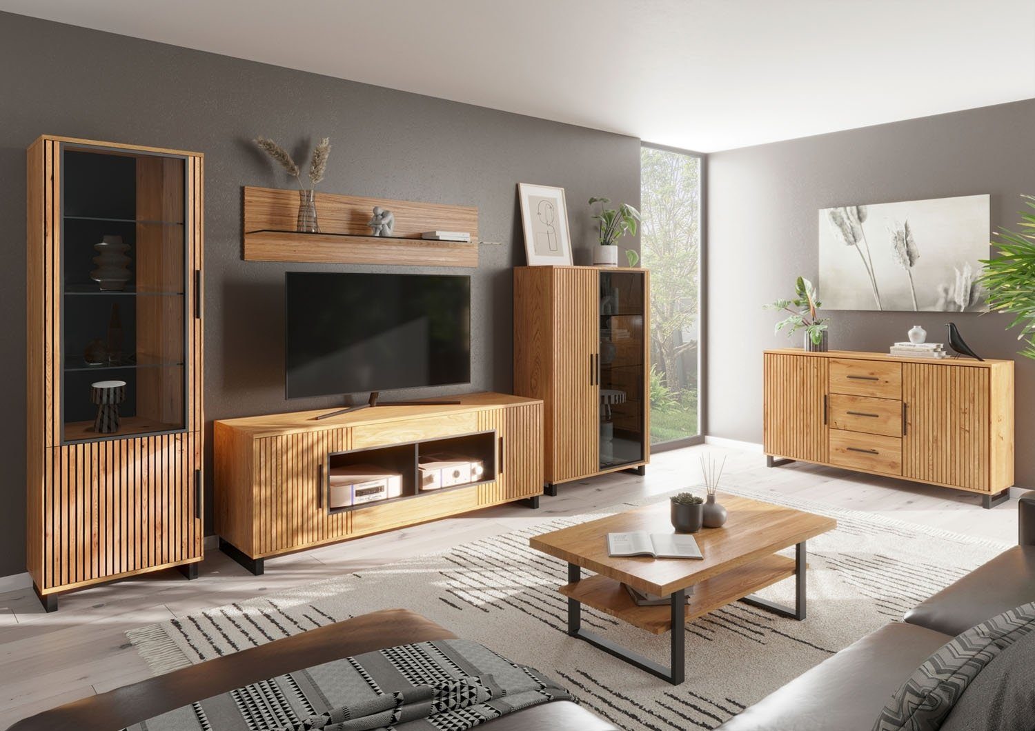 ELFO Wandboard MARTHA, Braun, Eichenholz furniert, Glas, B 163 x H 31 x T 24 cm