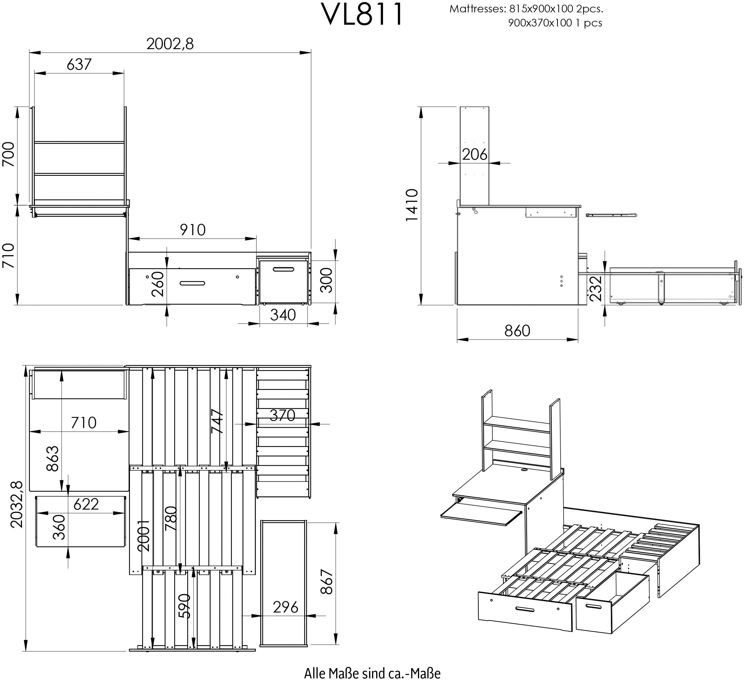Lüttenhütt Doppelstockbett Etagenbett zertifiziertes " Regale, ausziehbarem ohne Matratzen Schreibtisch, Sessel, "HENNE Massivholz, mit Stockbett,