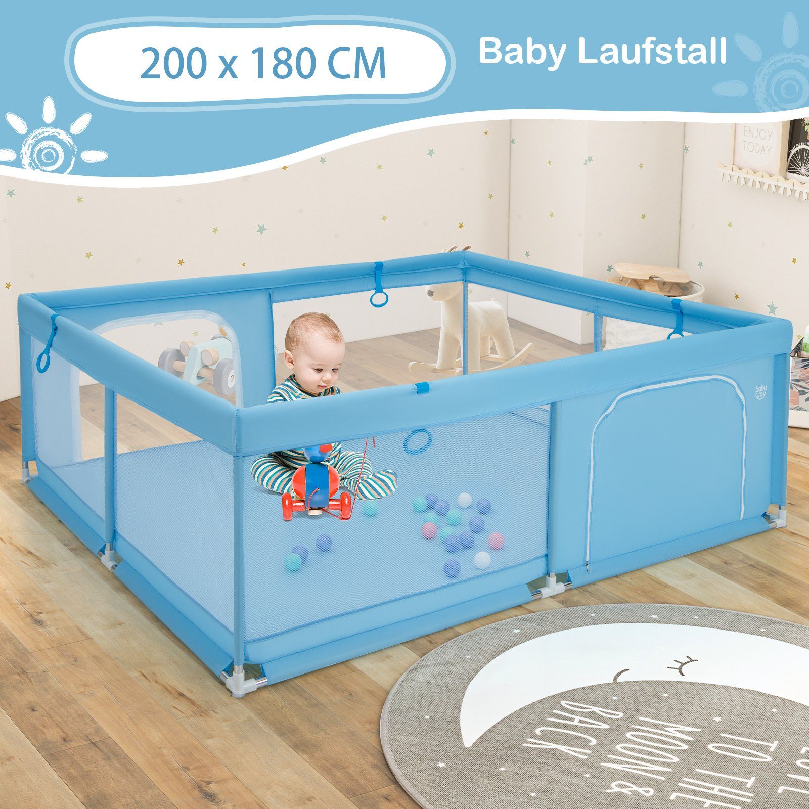 COSTWAY Laufstall Baby Laufgitter, 200 x mit Bällen 50 blau 180cm