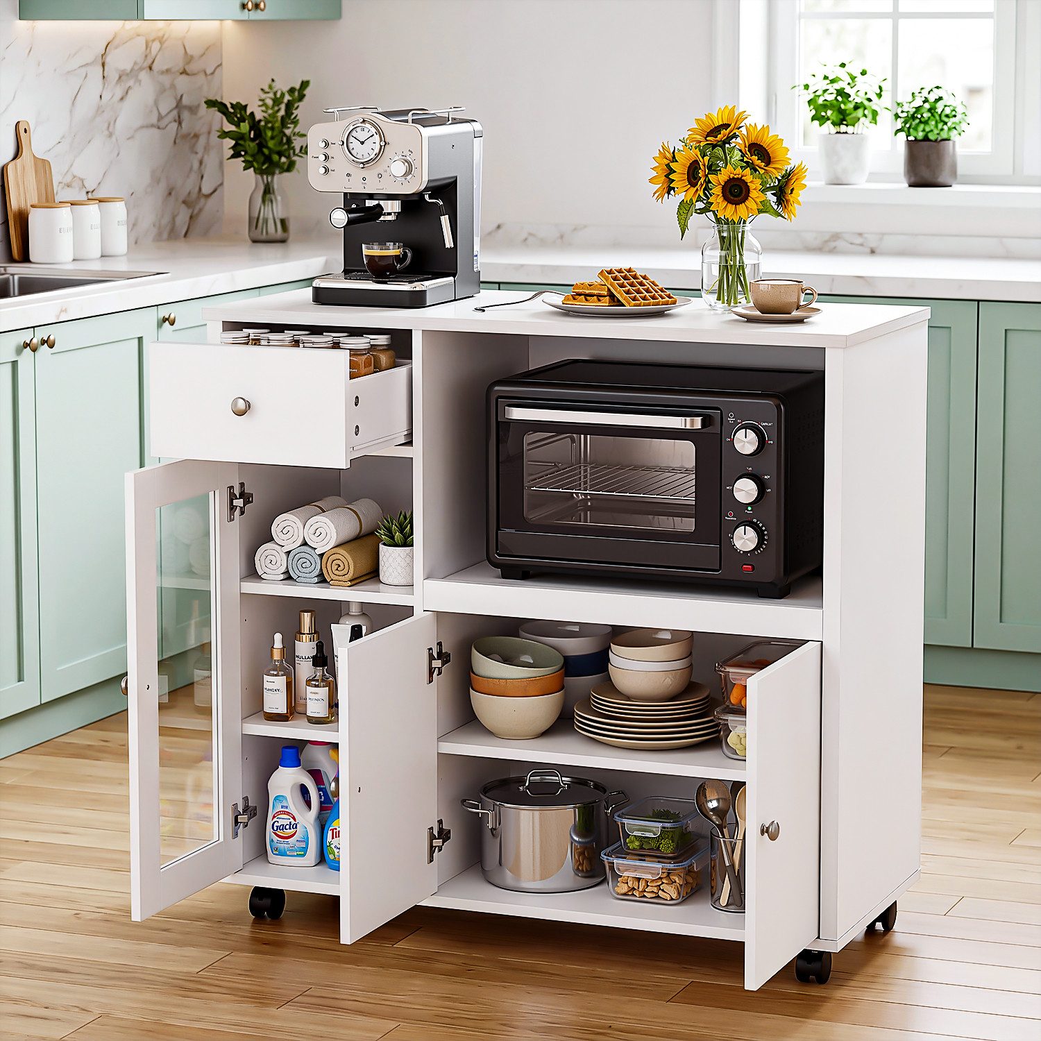 oyajia Sideboard Aufbewahrungsschrank Küchekommode Küchentrolley mit Rollen (Mikrowellenschrank Küchenschrank Rollwagen,mit Schubladen), Viel Stauraum,verstellbare Einlegeböden 90 x 40 x 82.5 cm