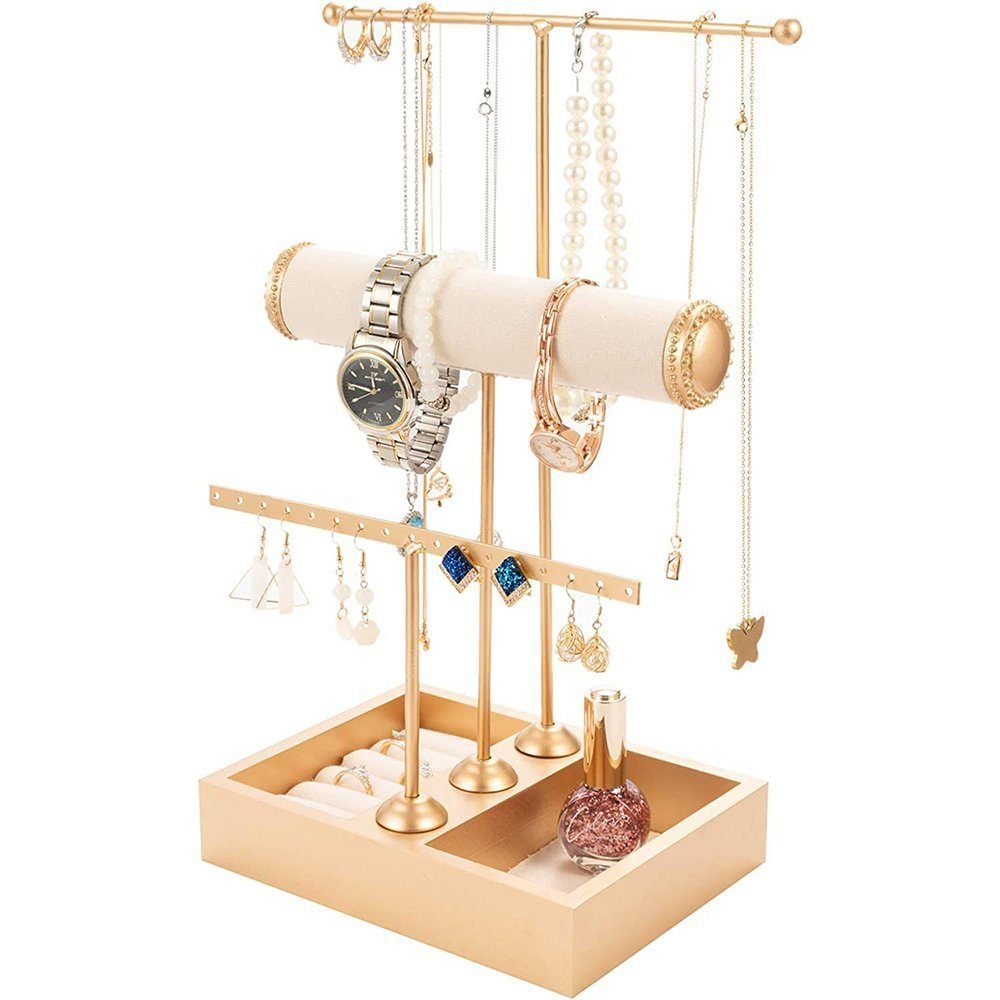 AUKUU Schmuckständer Schmuckständer T-Form Schmuckständer mit Gold Holzsockel 3-Tier, Kettenhalter, Kettenhalter