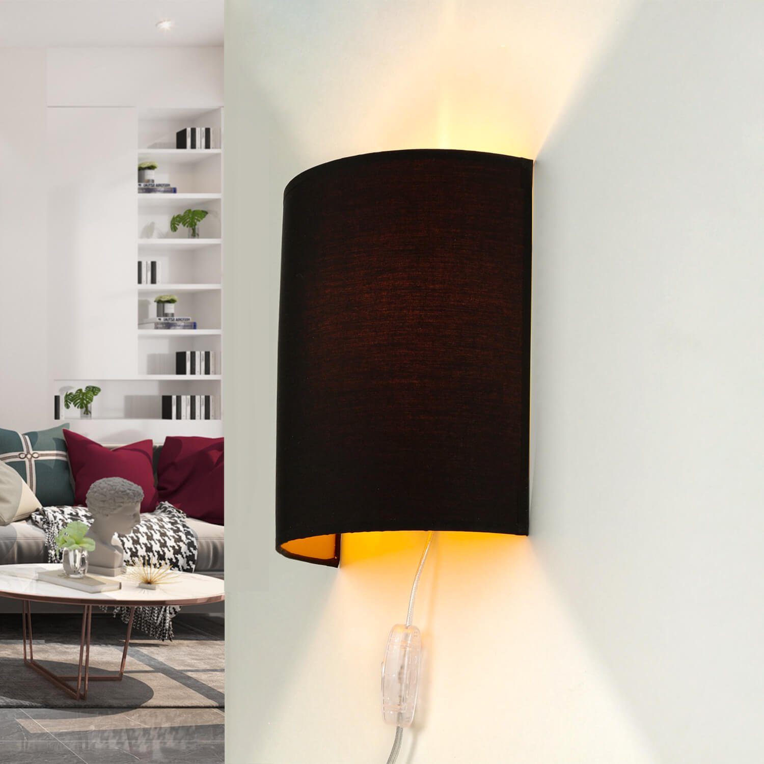 Wandlampe Wandleuchte Leuchtmittel, Design blendarm E27 Licht-Erlebnisse Stoff Loft ohne Schwarz ALICE, Wohnzimmer