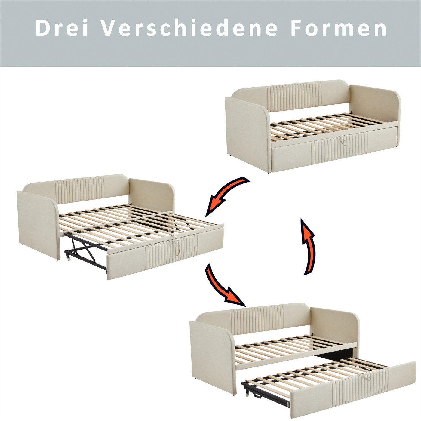 autolock Schlafsofa Polsterbett,Ausziehbares Schlafsofa 90/180*190cm,mit Lattenrost, mit vertikalen Streifen,Multifunktionsbett,atmungsaktiver Leinenstoff