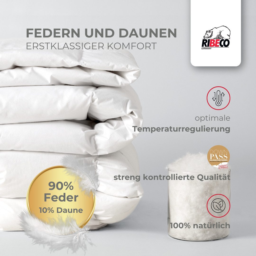 RIBECO Federbettdecke Laram, Bettdecken für Sommer oder Winter, Made in Germany, Füllung: 90% Federn, 10% Daunen, Bezug: Baumwolle, Super Preis-Leistung, Bettdecke 135x200 cm oder 155x220 cm, Decke