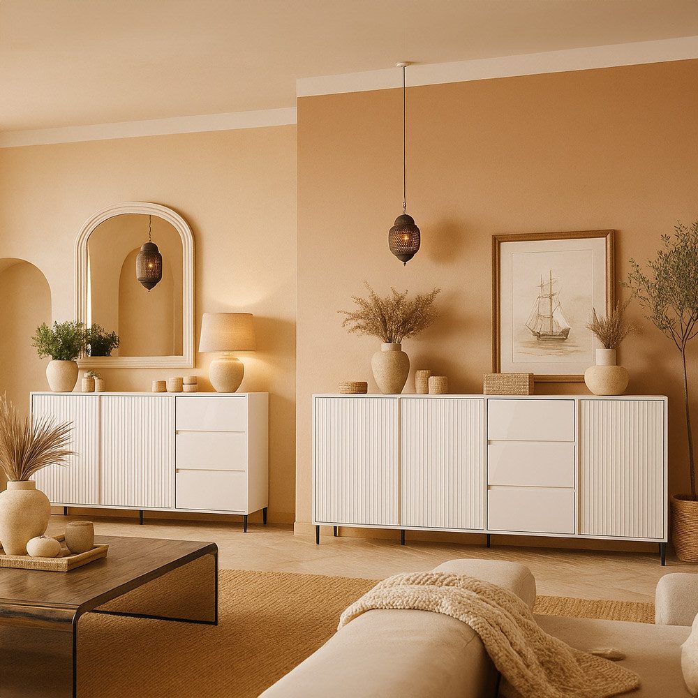 Lomadox Wohnzimmer-Set AMELIA-129, (Mega-Spar-Set, 2-St., Sideboard Kommode), Anrichte, Stauraum, Esszimmer, weiß Rillen