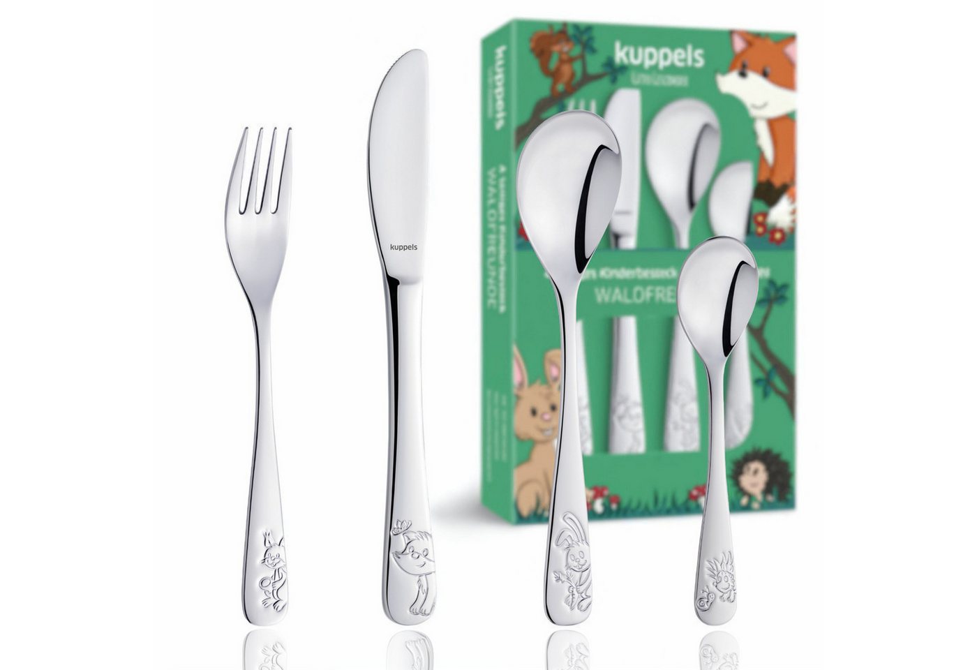 Kuppels Kinderbesteck WALDFREUNDE (4-tlg), 1 Personen, 13/0 18/10, spülmaschinenfest, hochglanzpoliert