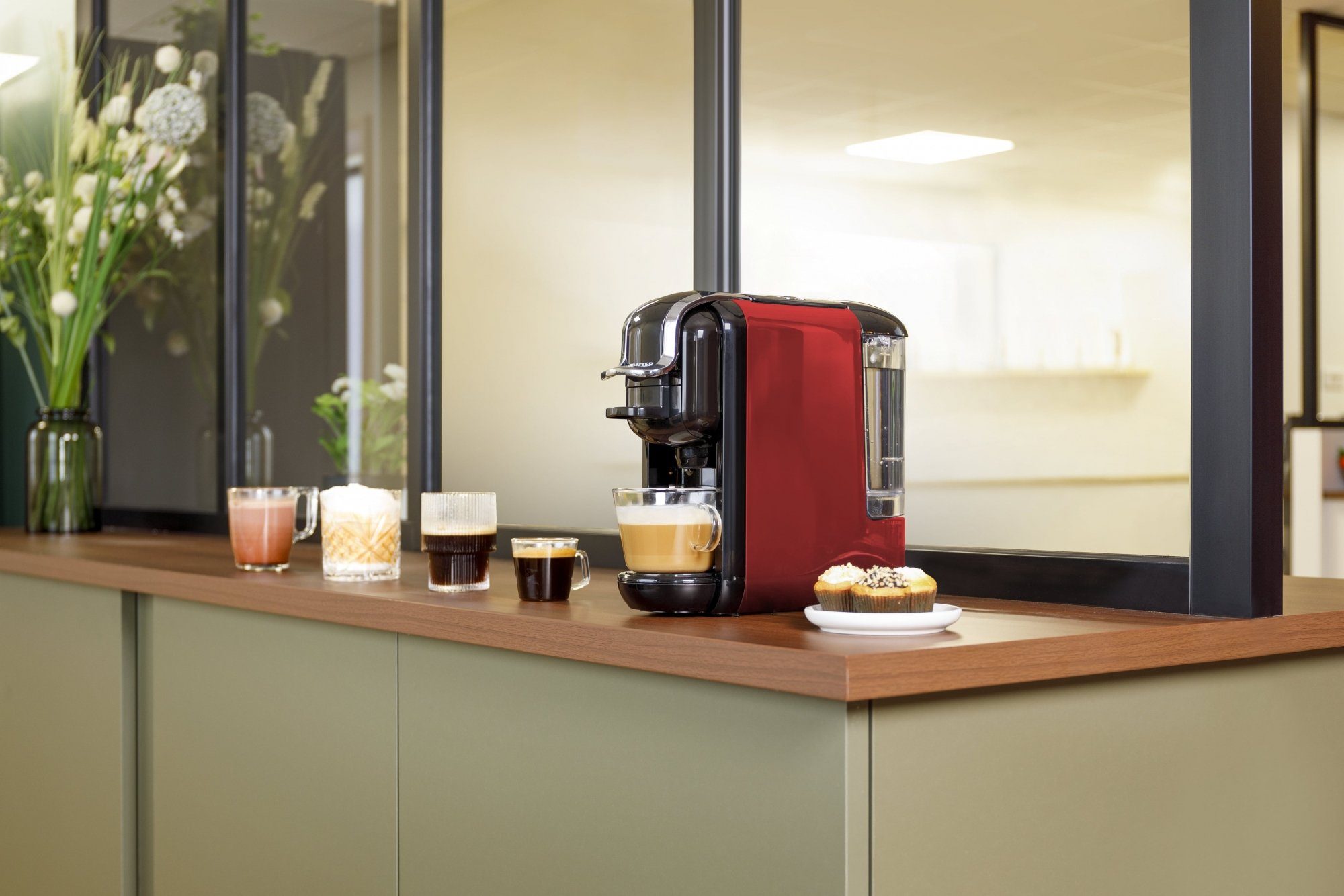 SCHNEIDER Kaffeepadmaschine 19 & Pads für Nespresso gemahlenen Dolce-Gusto Espresso, Bar rot Druck, Kaffee