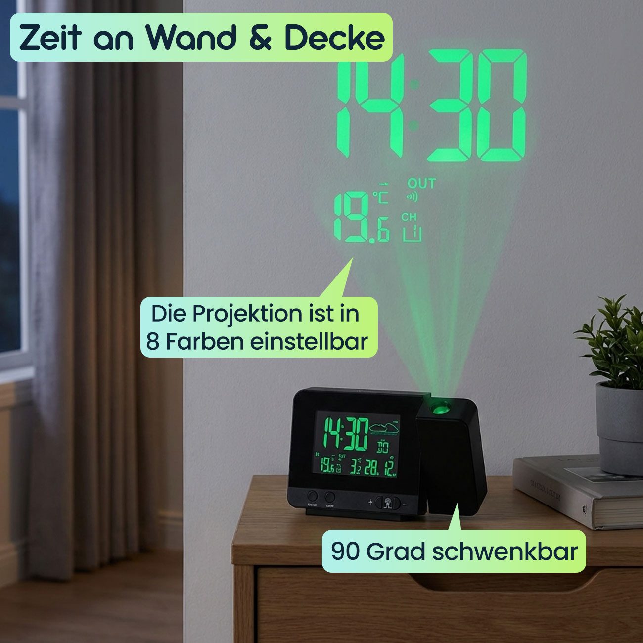 Casativo Projektionswecker 2-in-1 Projektionswecker & Funk-Wetterstation mit USB-Port