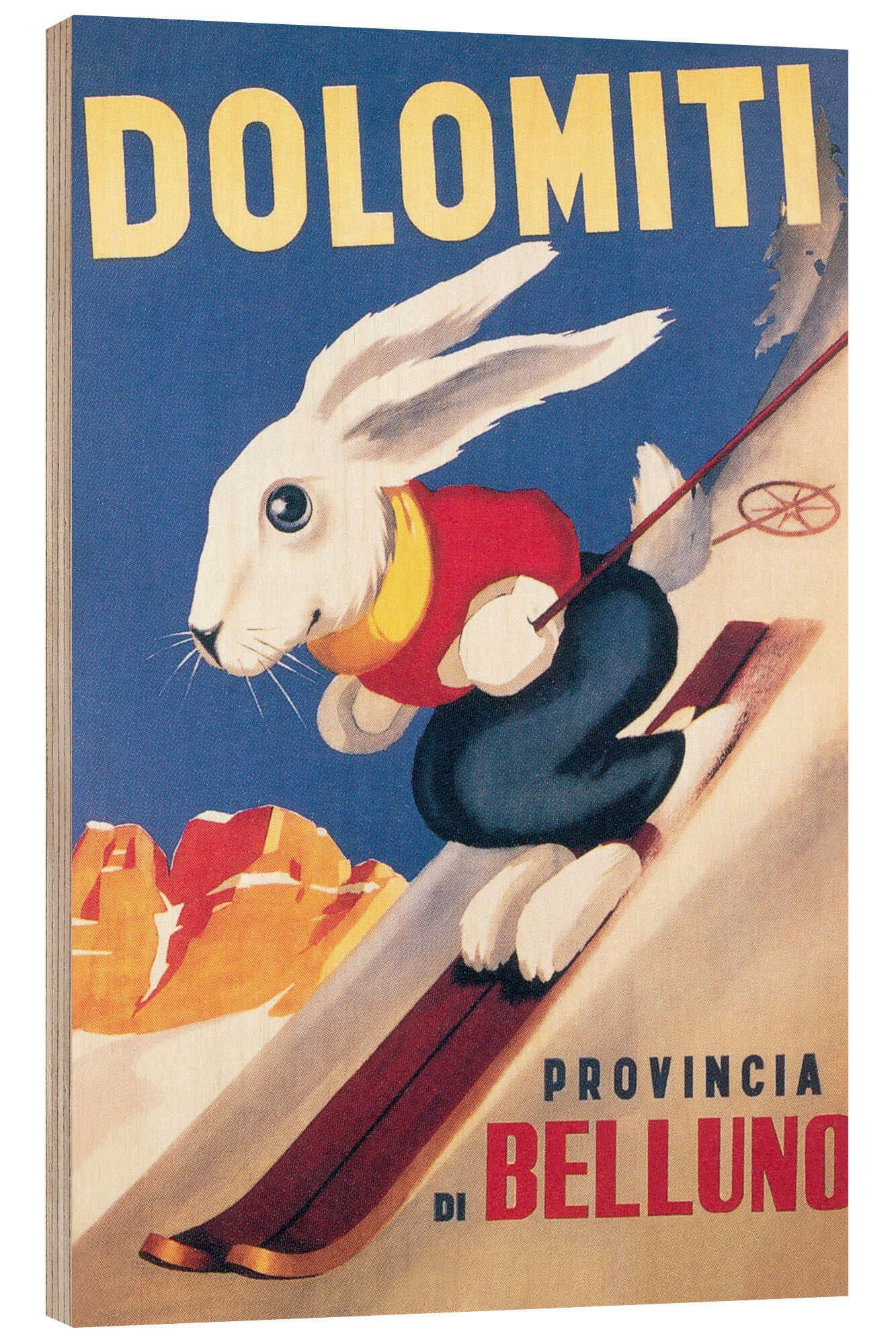 Posterlounge Holzbild Vintage Ski Collection, Dolomiten Skikaninchen (italienisch), Kinderzimmer Vintage Illustration
