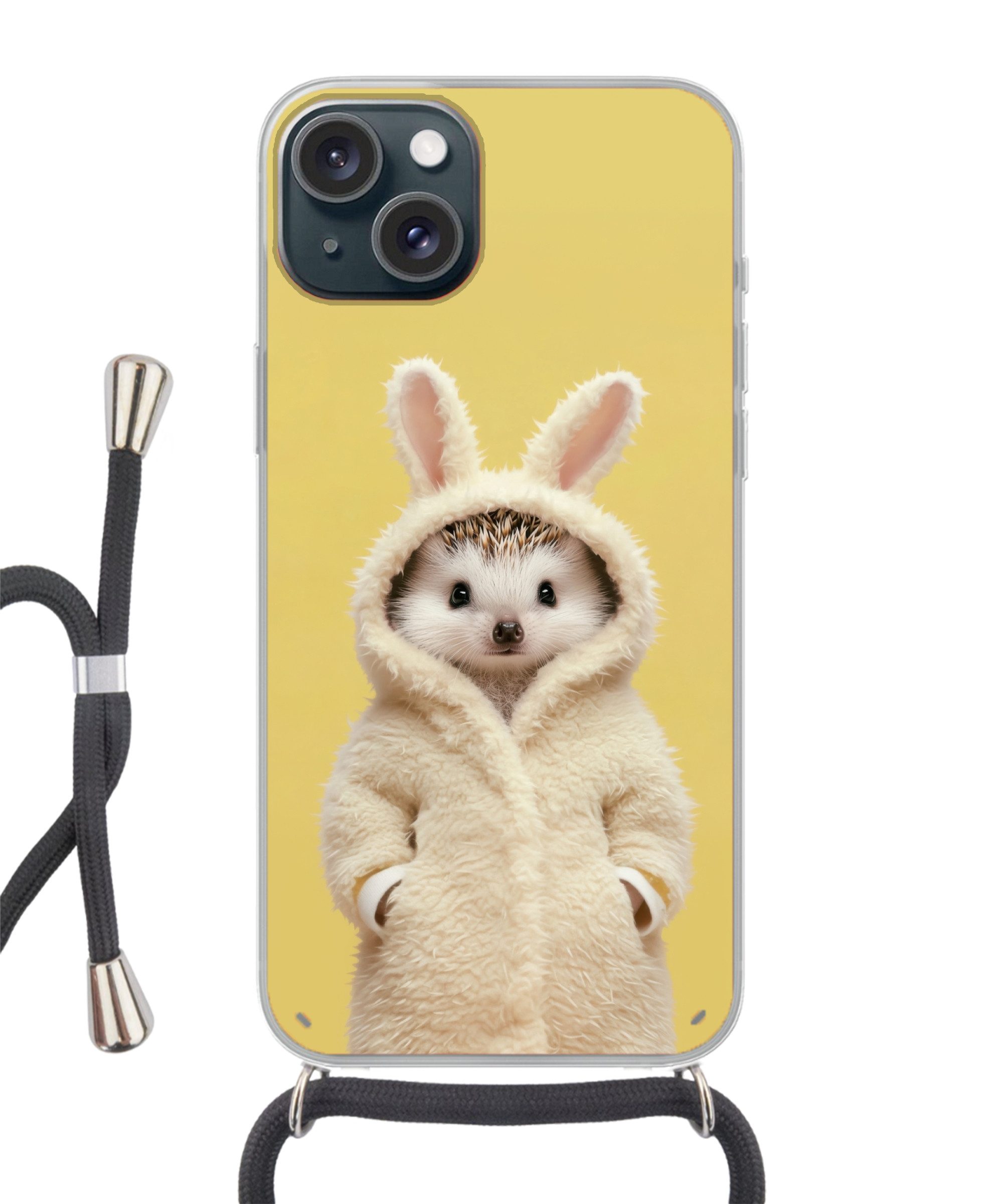 MuchoWow Handyhülle für Apple iPhone 15 Igel - Osterhase - Kostüm, Tragbare Handyhüllen mit Kette zum umhängen, Handykette Handyband