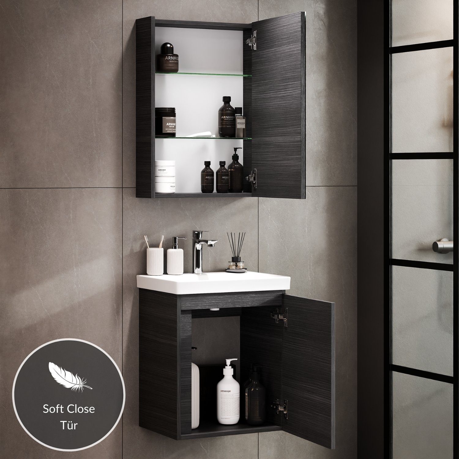 Planetmöbel Badezimmer-Set Badmöbel-Set mit Spiegelschrank 50cm, (hängend, 2-St., Badmöbel Set mit Waschbecken), inkl. Spiegelschrank 50 cm
