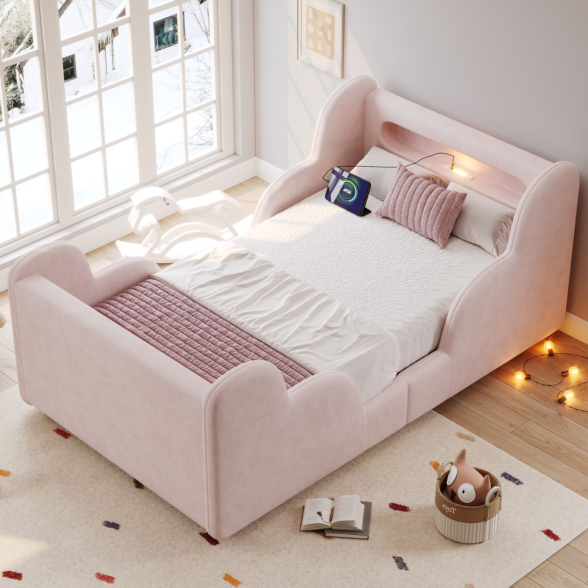 Flieks Polsterbett, Kinderbett 90x200cm mit Schutzgeländer, Nachtlicht, USB-Ladeanschluss