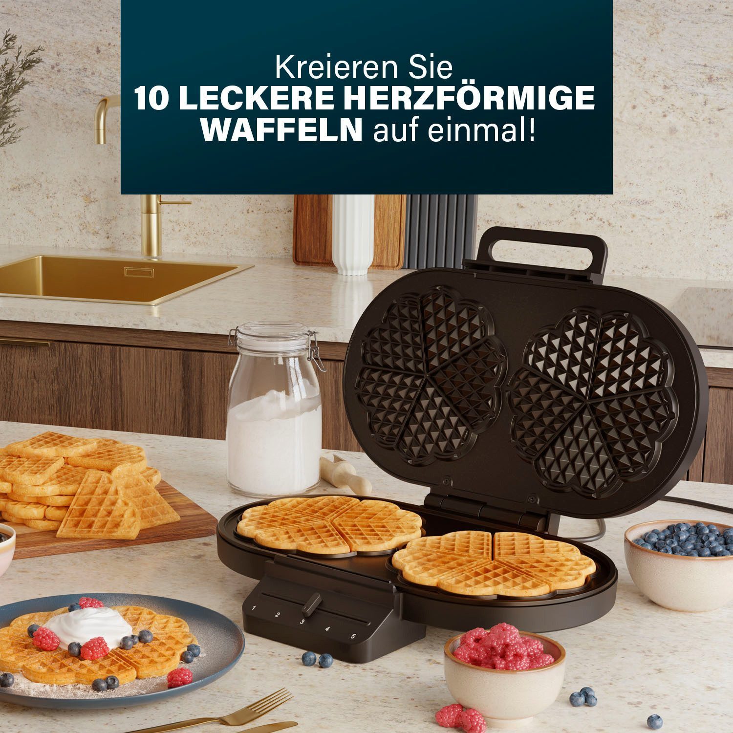 PRINCESS Waffeleisen Princess 132384 Herzförmiges Waffeleisen – PFAS-frei – Benutzerfreundl, 1200 W, 10 Herzwaffeln pro Backvorgang - 1200 W