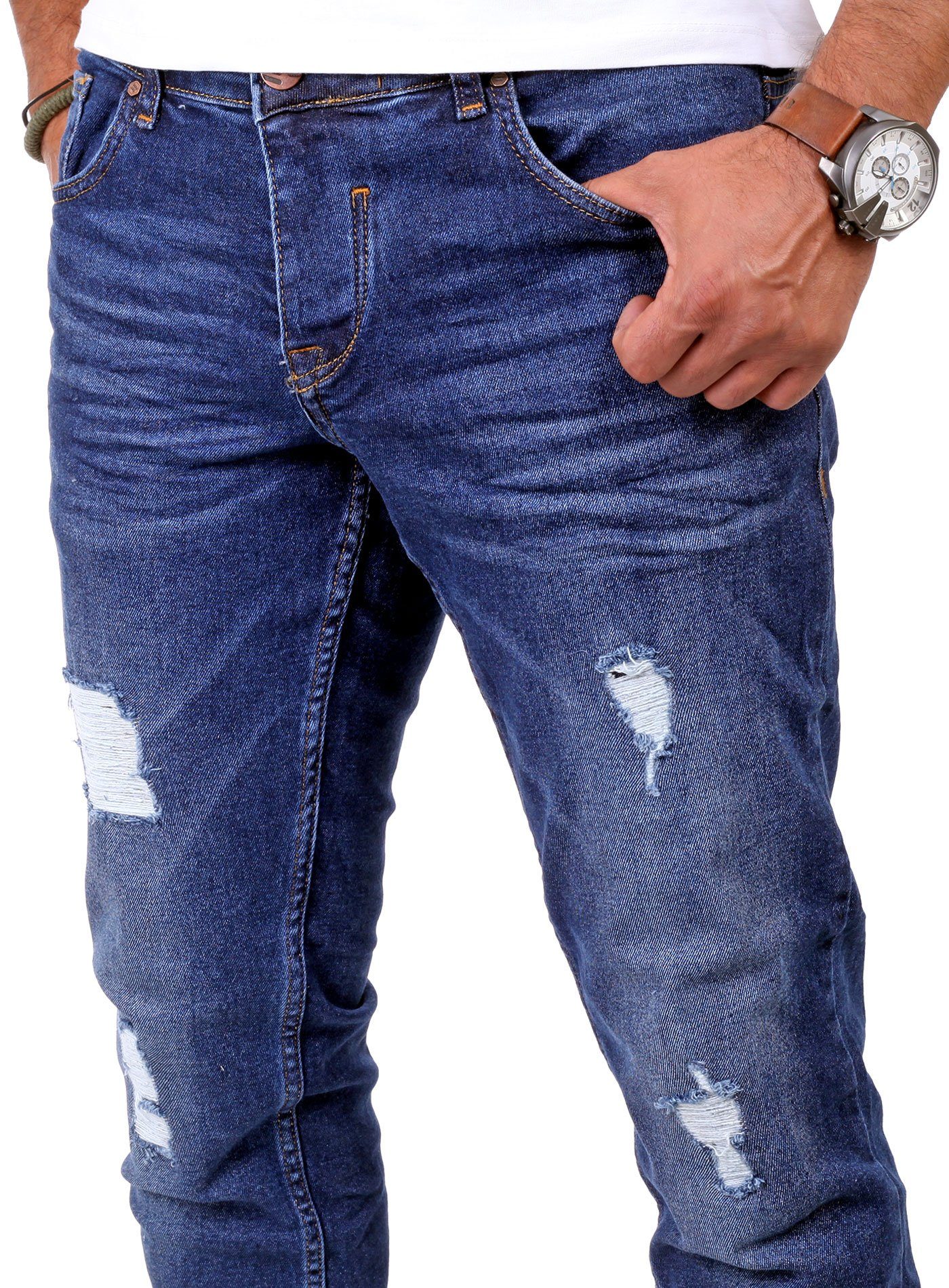 Reslad Destroyed-Jeans Reslad Look blau Destroyed Jeans-Hose Herren Fit Slim Denim Jeans Stretch Destroyed Slim Look Jeans Fit