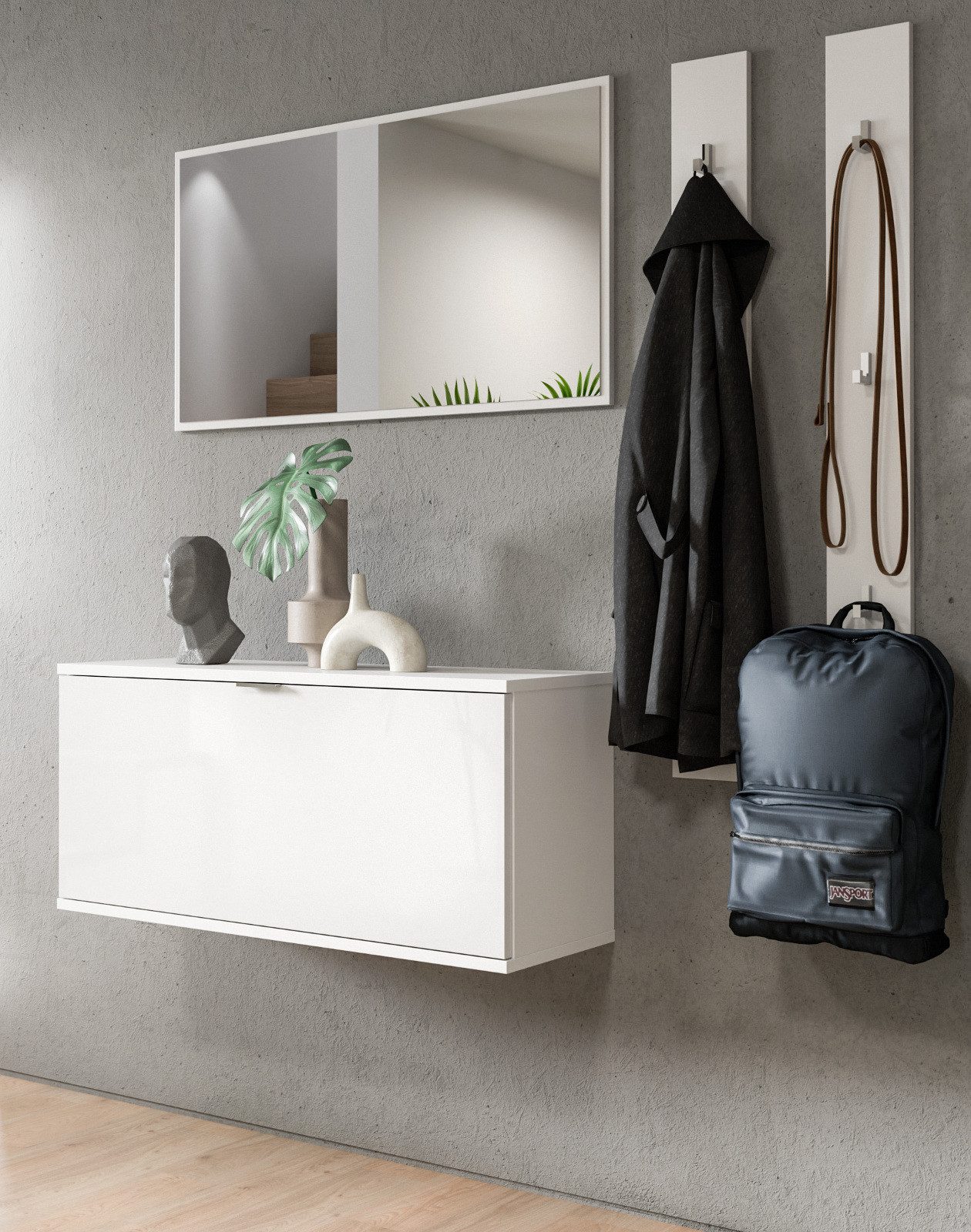 Inn.Furn Garderoben-Set SystemX, (Set 4-teilig, Breite 147 cm, 4-St., Flurgarderobe in weiß Hochglanz), hängend