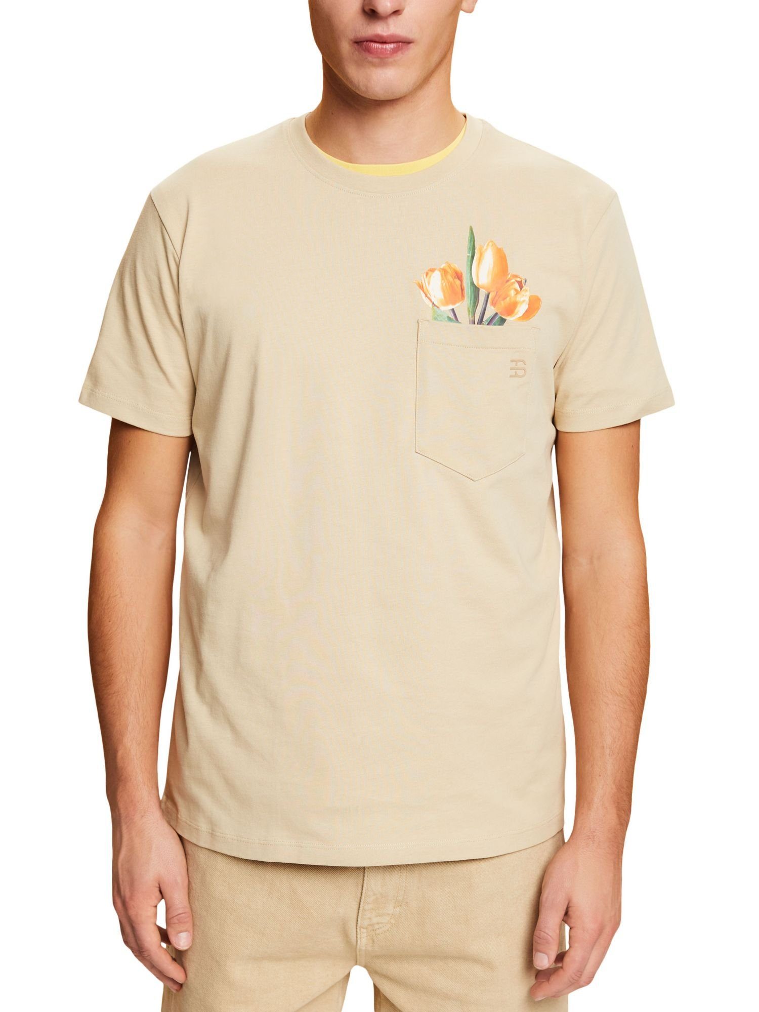 Esprit T-Shirt Baumwolle BEIGE (1-tlg) mit 100% KHAKI Jersey-T-Shirt Print,