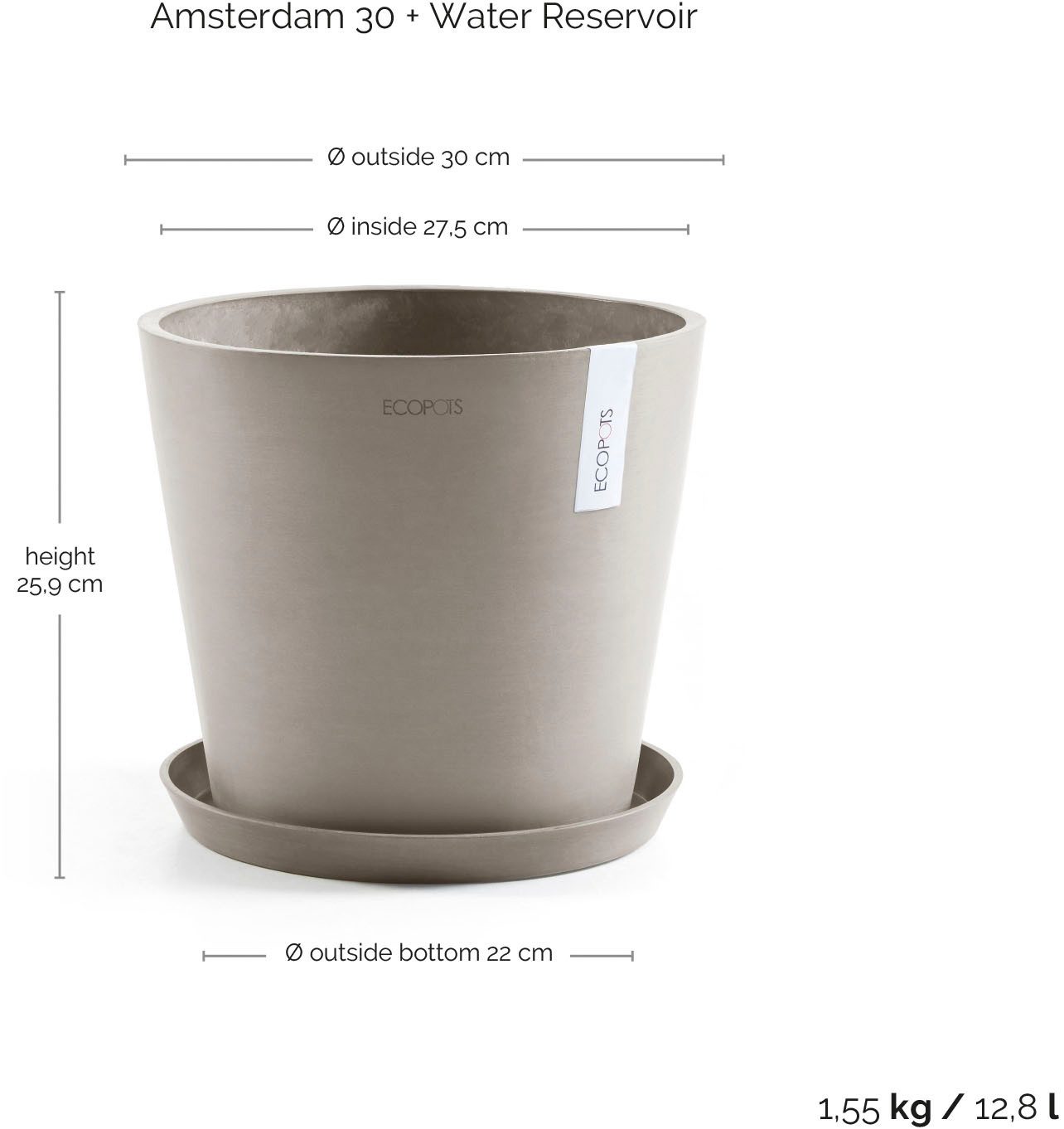 ECOPOTS Blumentopf Amsterdam 30 + Wassersystem Taupe, für innen und außen: frostsicher, bruchsicher und lichtbeständig