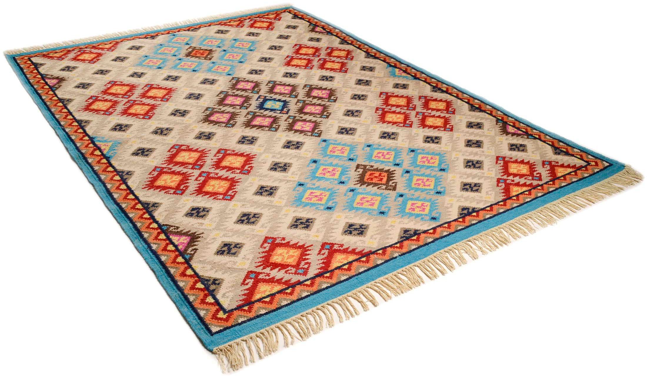 THEKO Wollteppich Kelim Royal 2, Handwebteppich, rechteckig, Höhe: 5 mm, Flachgewebe, reine Wolle, handgewebt, mit Fransen, Wohnzimmer