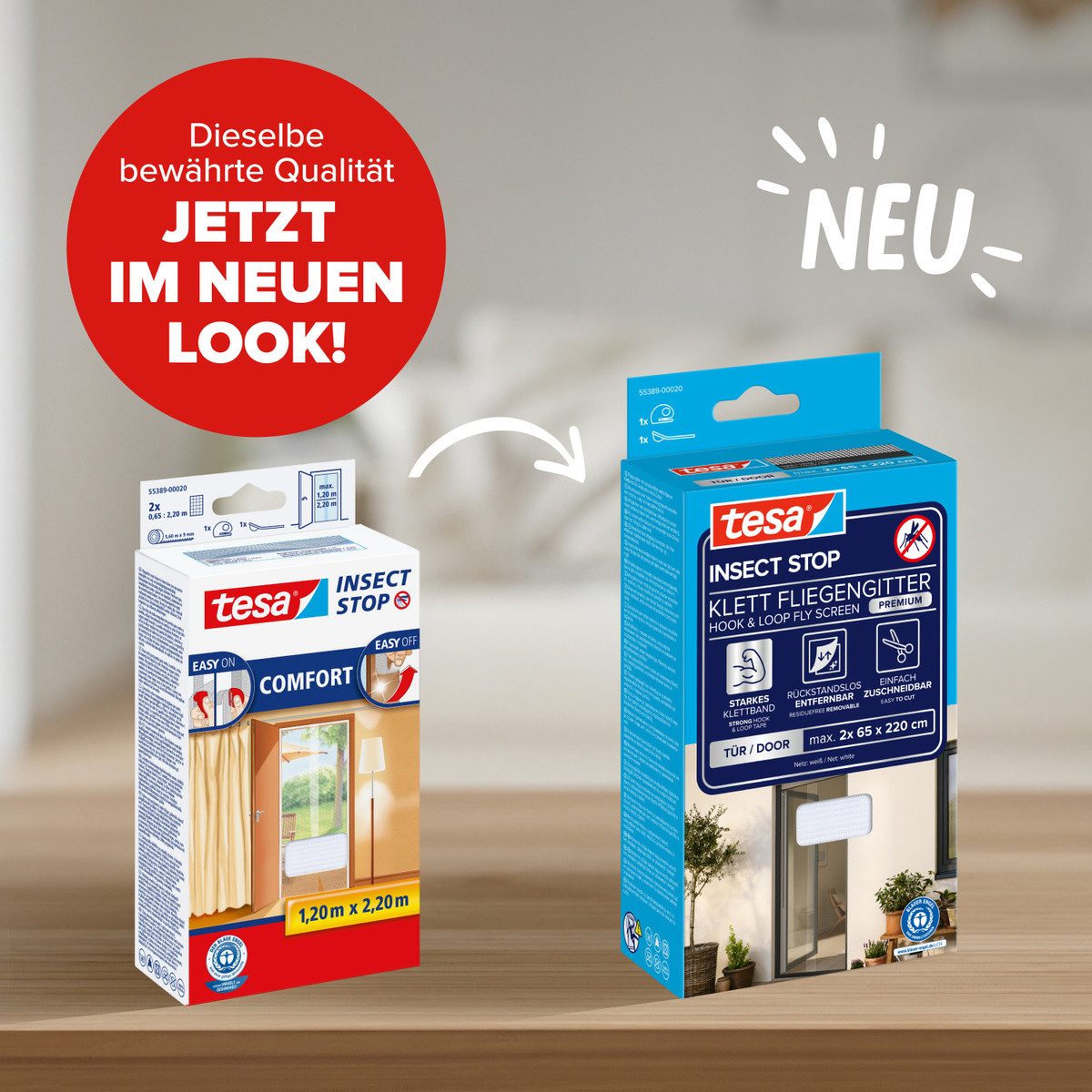 tesa Fliegengitter-Gewebe Premium für Türen - ohne Bohren, (Packung, 1-St., Fliegennetz, Klettband), Insektenschutz mit Klettband, zuschneidbar - ohne Bohren