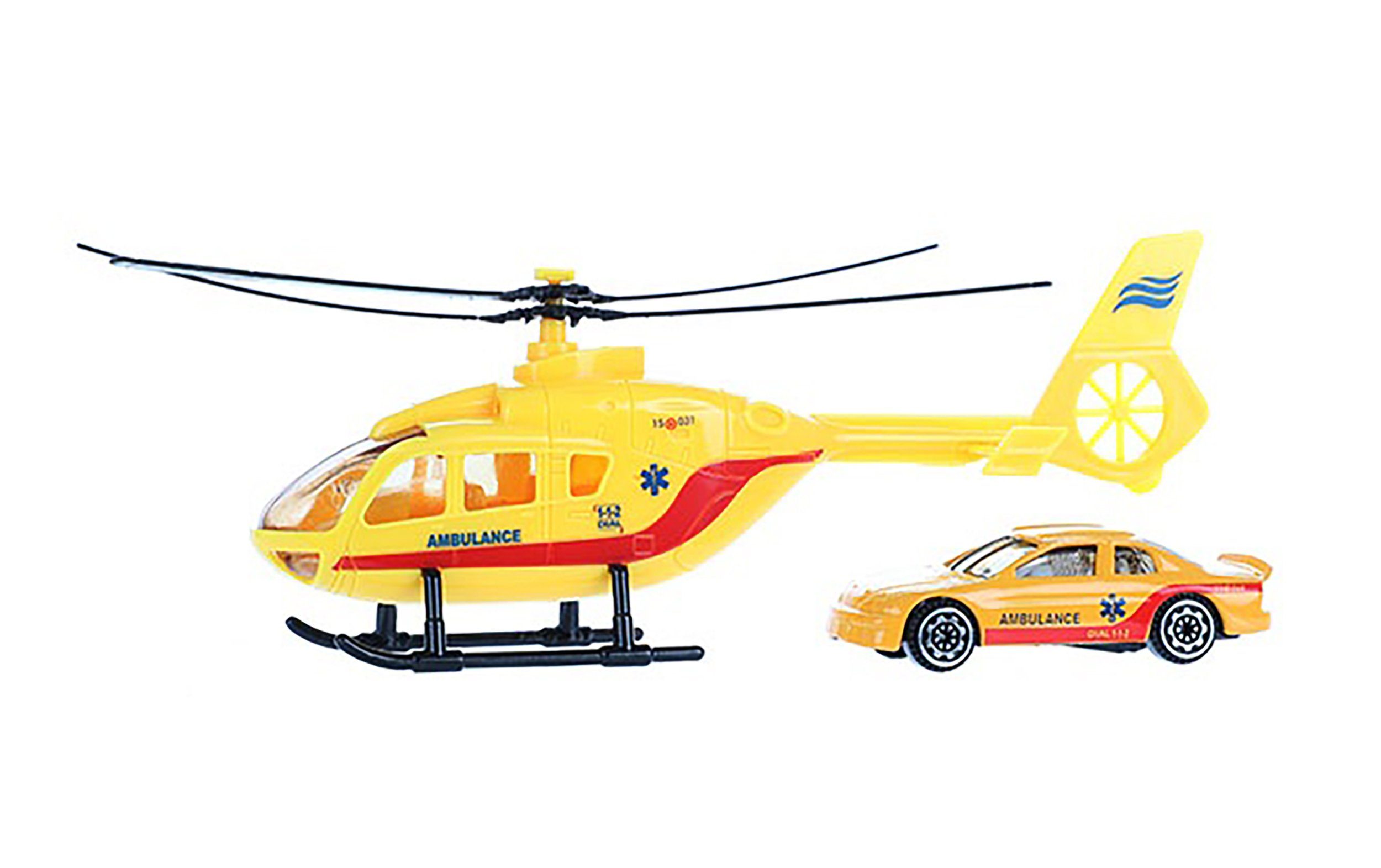 Toi-Toys Spielzeug-Hubschrauber Hubschrauber mit Auto Feuerwehr Polizei Ambulance 83 (Ambulance-Gelb), Einsatzfahrzeug Modell Helicopter Spielzeugauto Spielzeug Geschenk