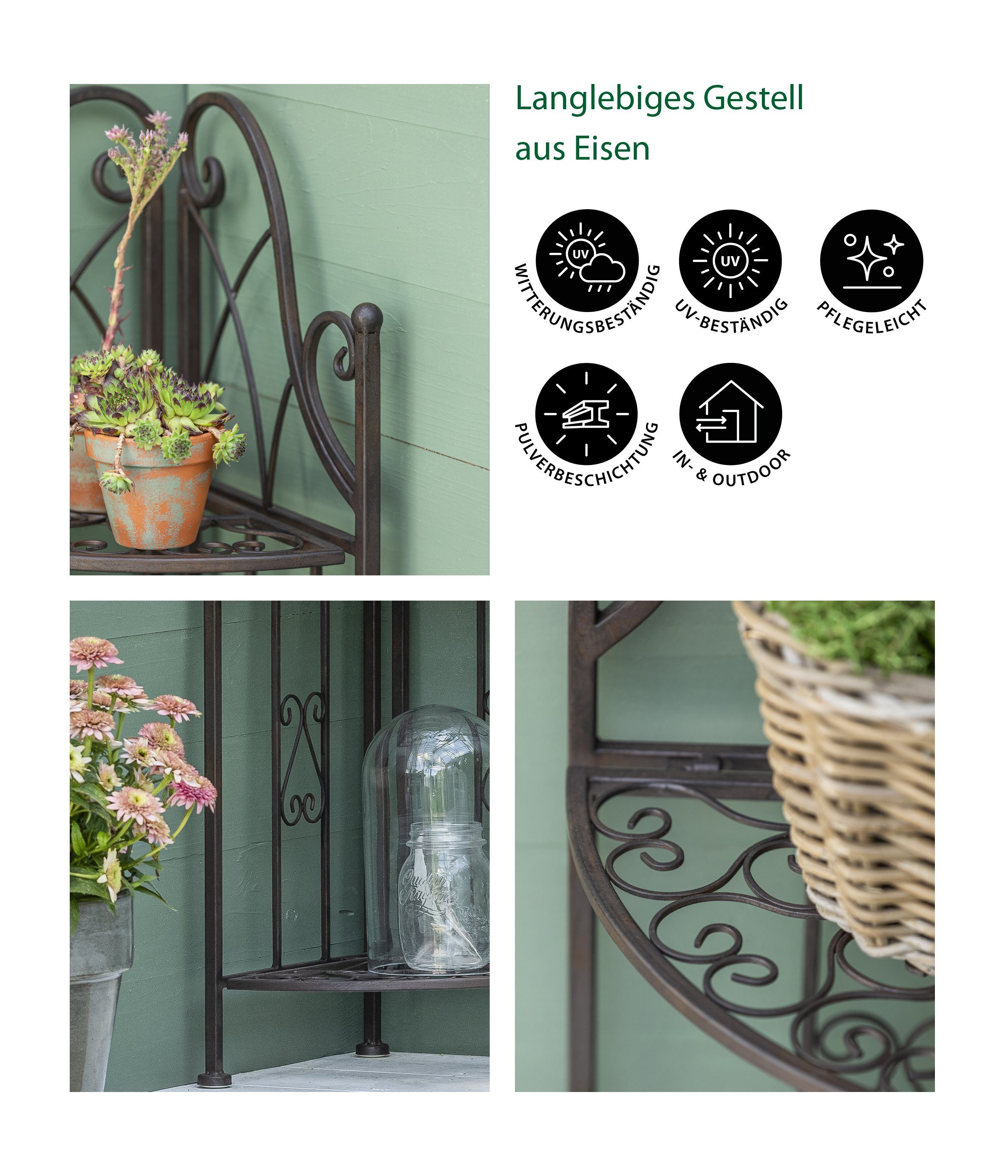 Dehner Blumenständer Eckregal Antik, 46 x 32 x 117.5 cm, Metall, Vintage Regal aus hochwertigem, robustem Eisen