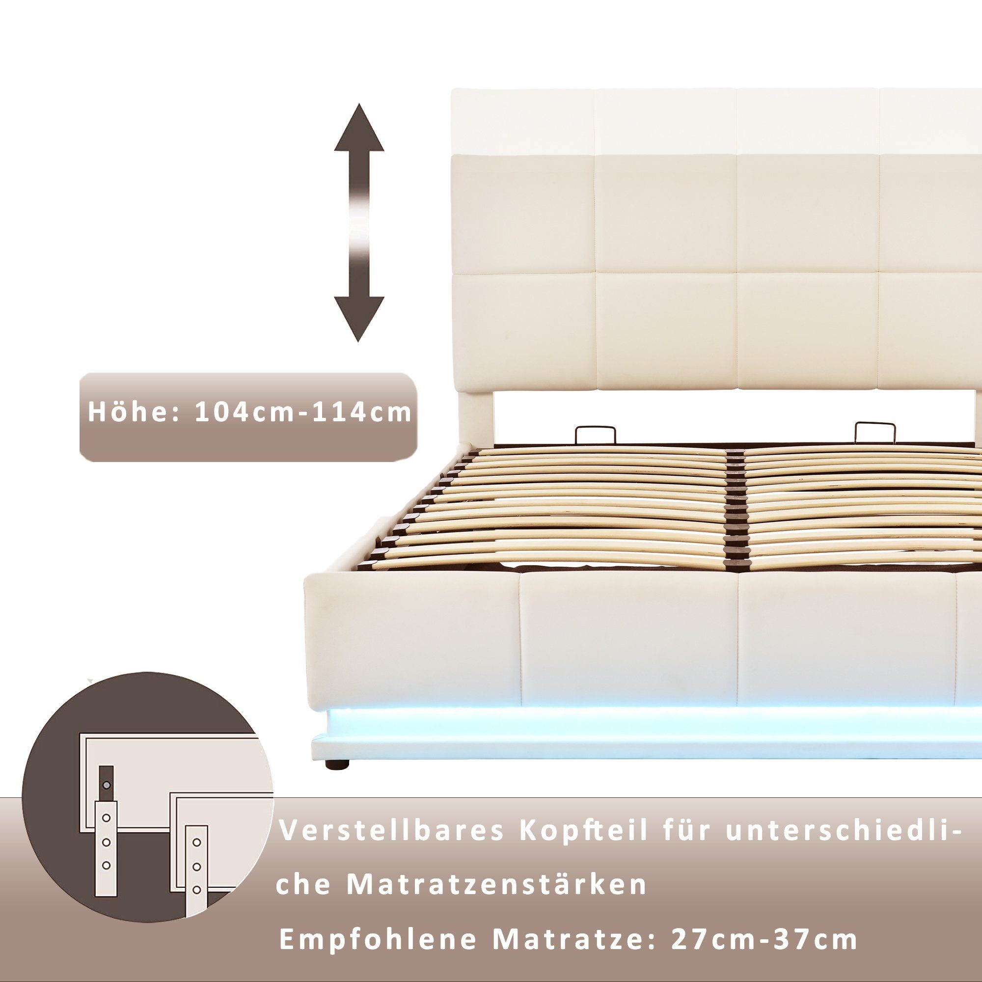 REDOM Polsterbett Doppelbett Bett Funktionsbett LED Hellgrau (mit Hydraulisch Beleuchtung aus Leder) Matratze ohne