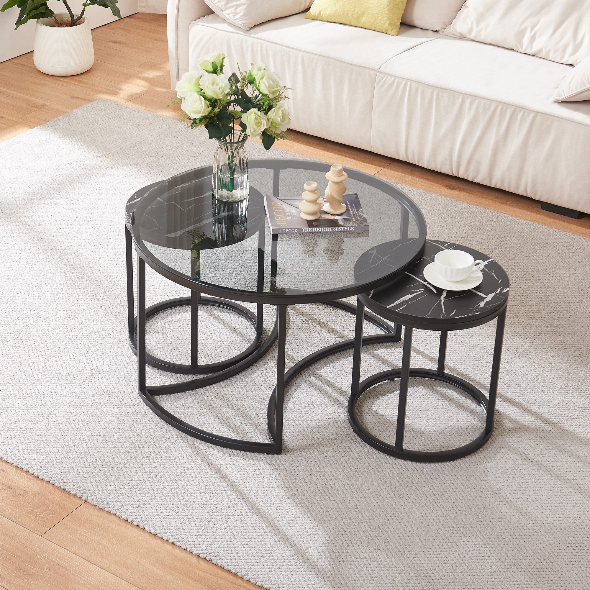 en.casa Couchtisch (Set, 3-St), »Kokkola« Satztisch rund Metall Rauchglas/Marmoroptik, schwarz