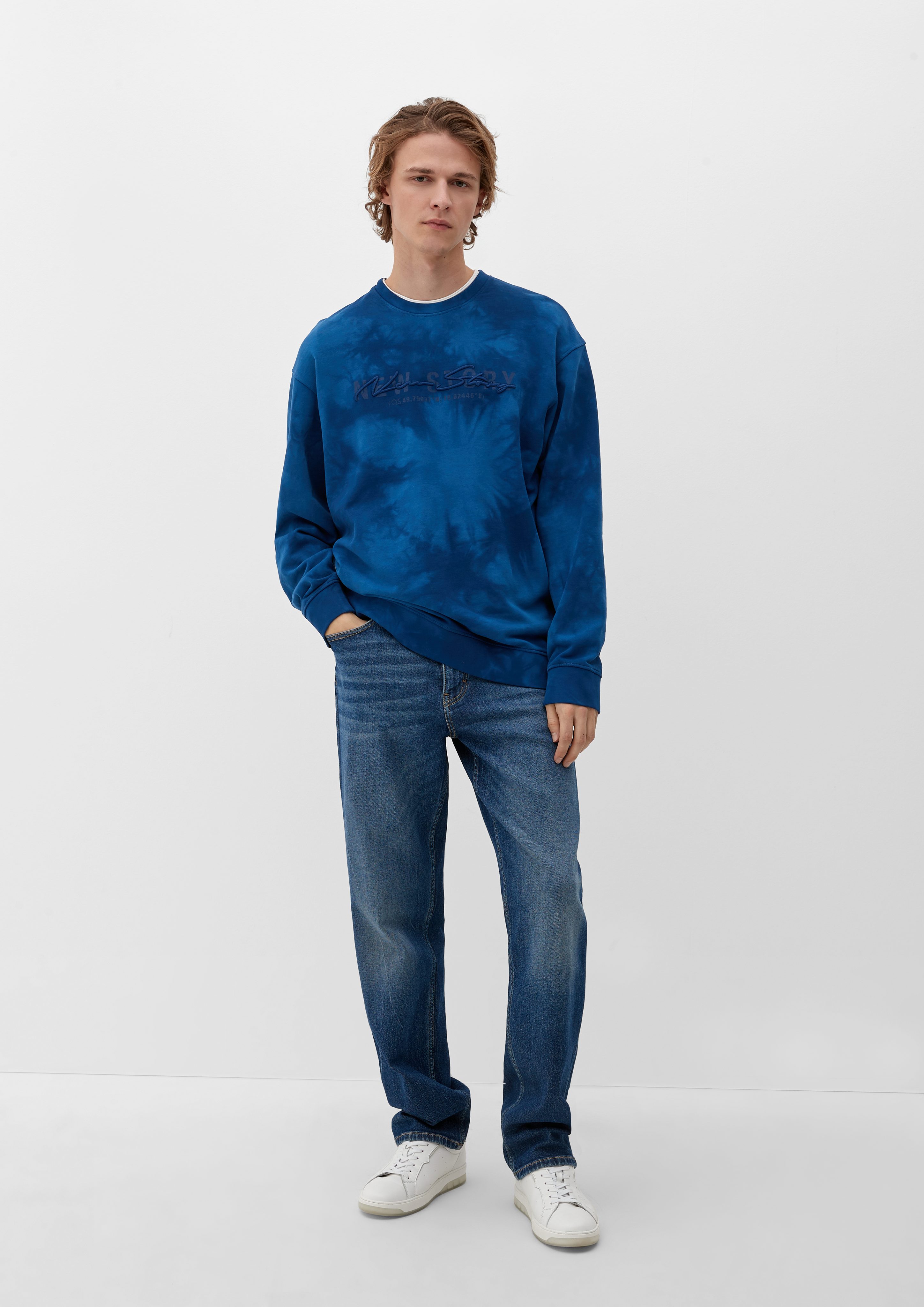 QS Batik-Optik Stickerei ozeanblau Sweatshirt Sweatshirt in