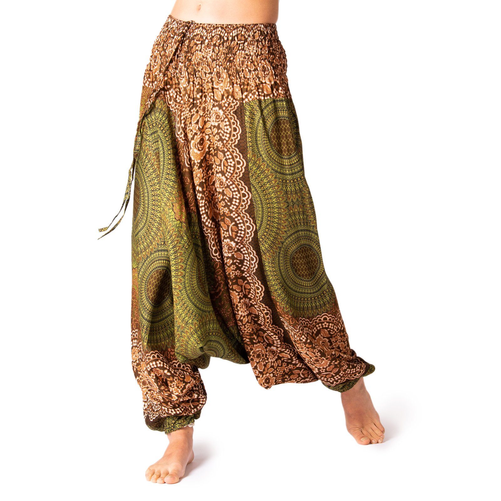 PANASIAM Stoffhose Aladinhose im schönen Peacock Design Haremshose aus 100% natürlicher Viskose auch als Overall tragbar Damen Pumphose bequeme Freizeithose Mandala olivengrün