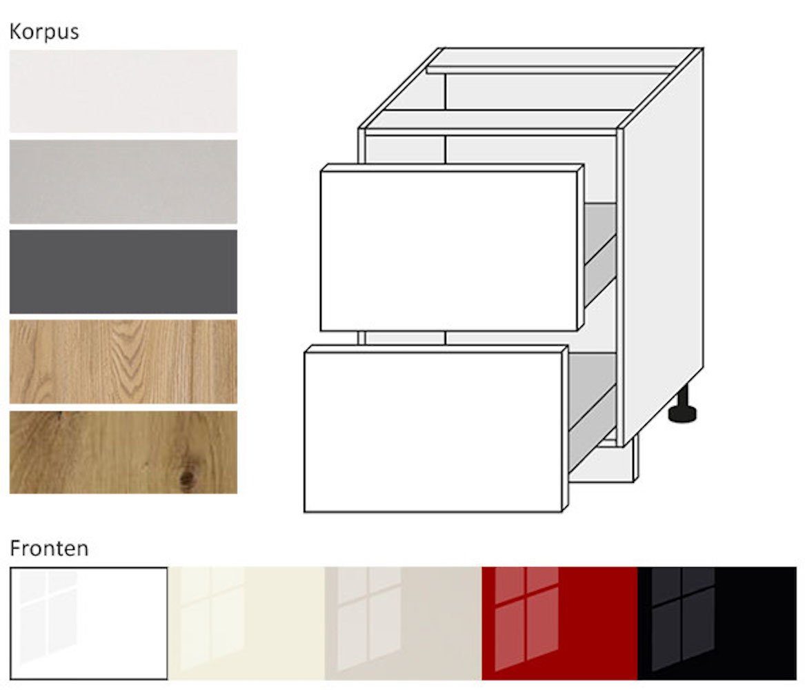 Feldmann-Wohnen Unterschrank Platinium (Platinium) 60cm Front- & Korpusfarbe wählbar 2 Schubladen (Vollauszug) weiß Hochglanz