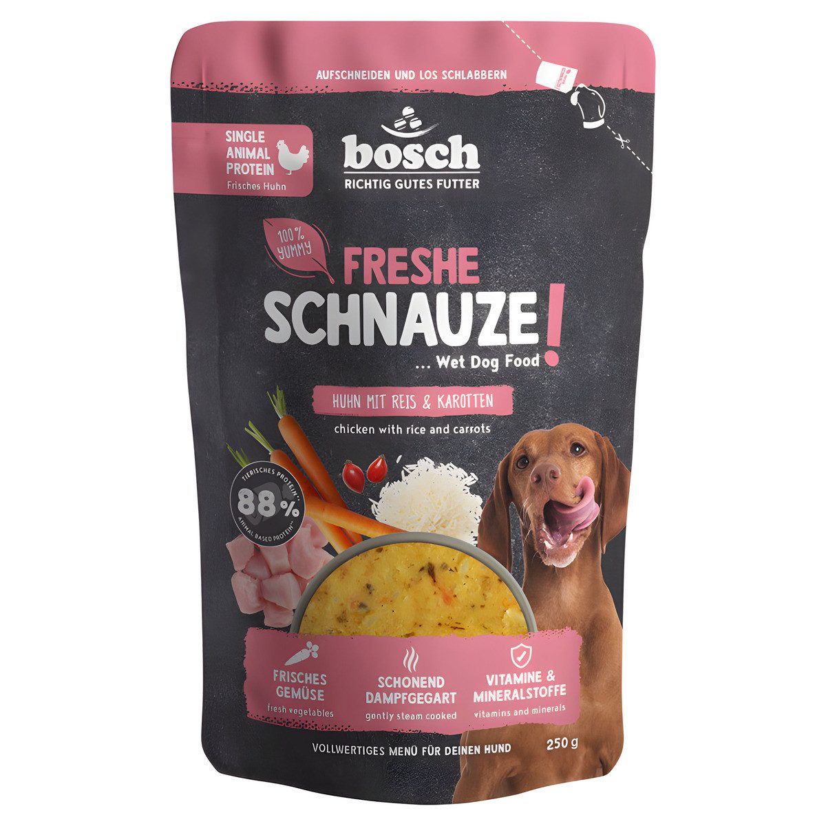 Bosch Petfood Freshe Schnauze Huhn + Reis + Karotte 250 g, Nassfutter für: Hund