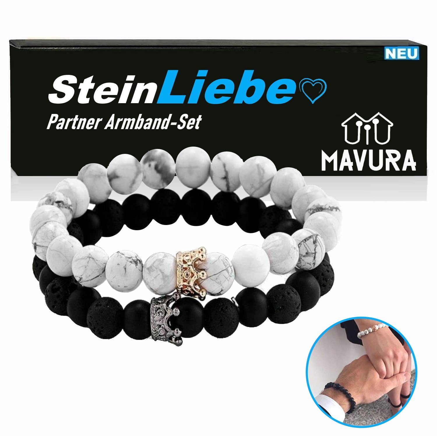 MAVURA Armband Set SteinLiebe Partner Armband Set King & Queen Anhänger, Perle Krone Marmor Optik Stein Liebe Geschenk Valentinstag