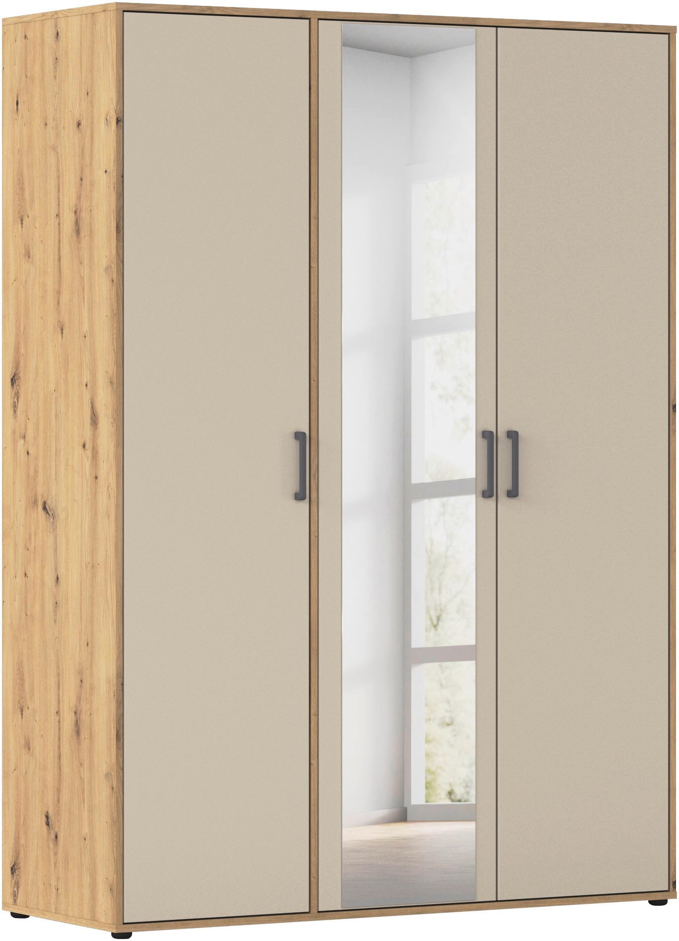 rauch Drehtürenschrank Kleiderschrank Schrank Garderobe Wäscheschrank VOYAGER (in 3 verschiedenen Ausstattungen BASIC/CLASSIC/PREMIUM) mit modernen Griffen in Graumetallic und Spiegel