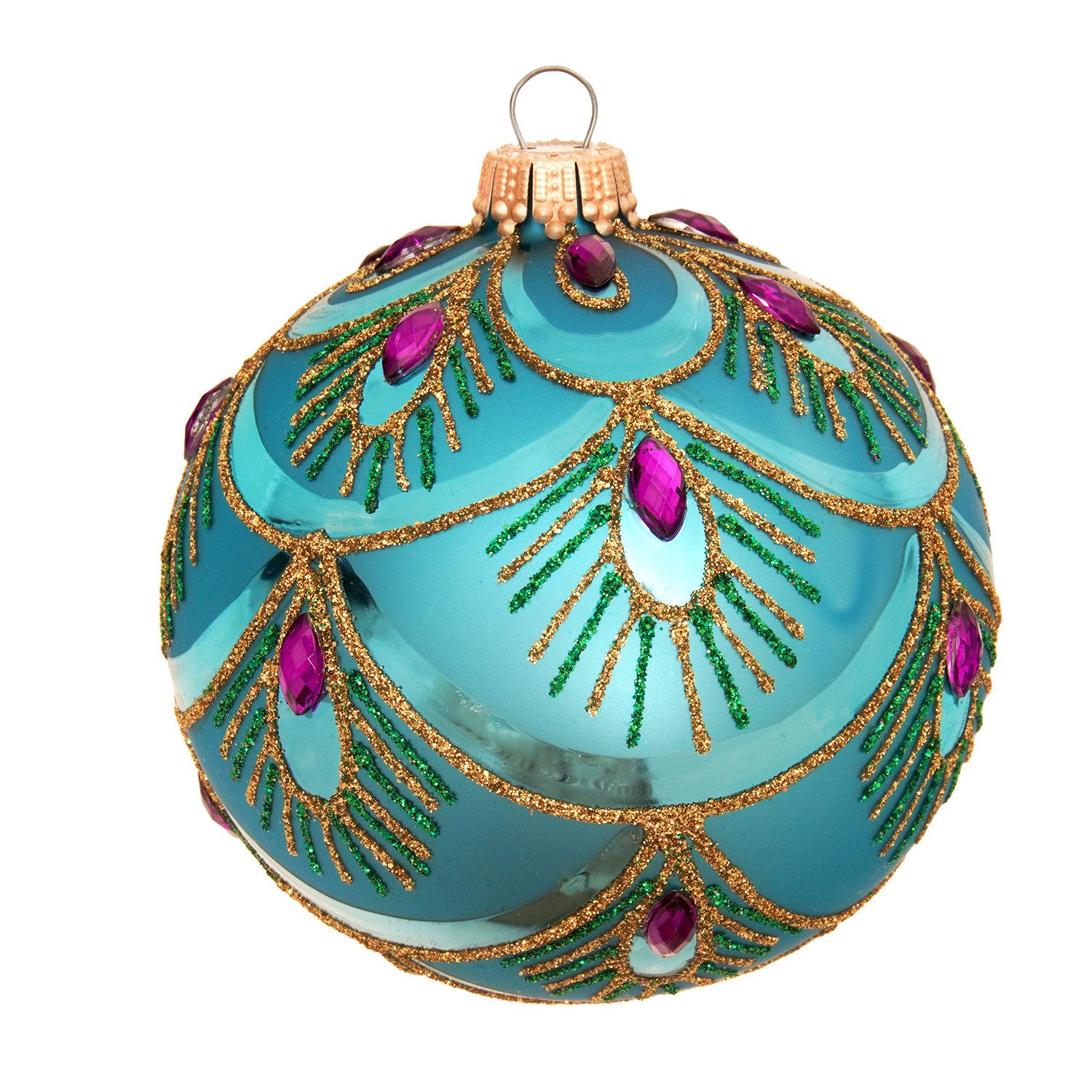Krebs Glas Lauscha Weihnachtsbaumkugel 6er Set Glasanhänger - Türkise Kugeln mit Pfauenmusterung - ca. 8 cm, Majestätischer Christbaumschmuck mit goldener Glitzerverzierung