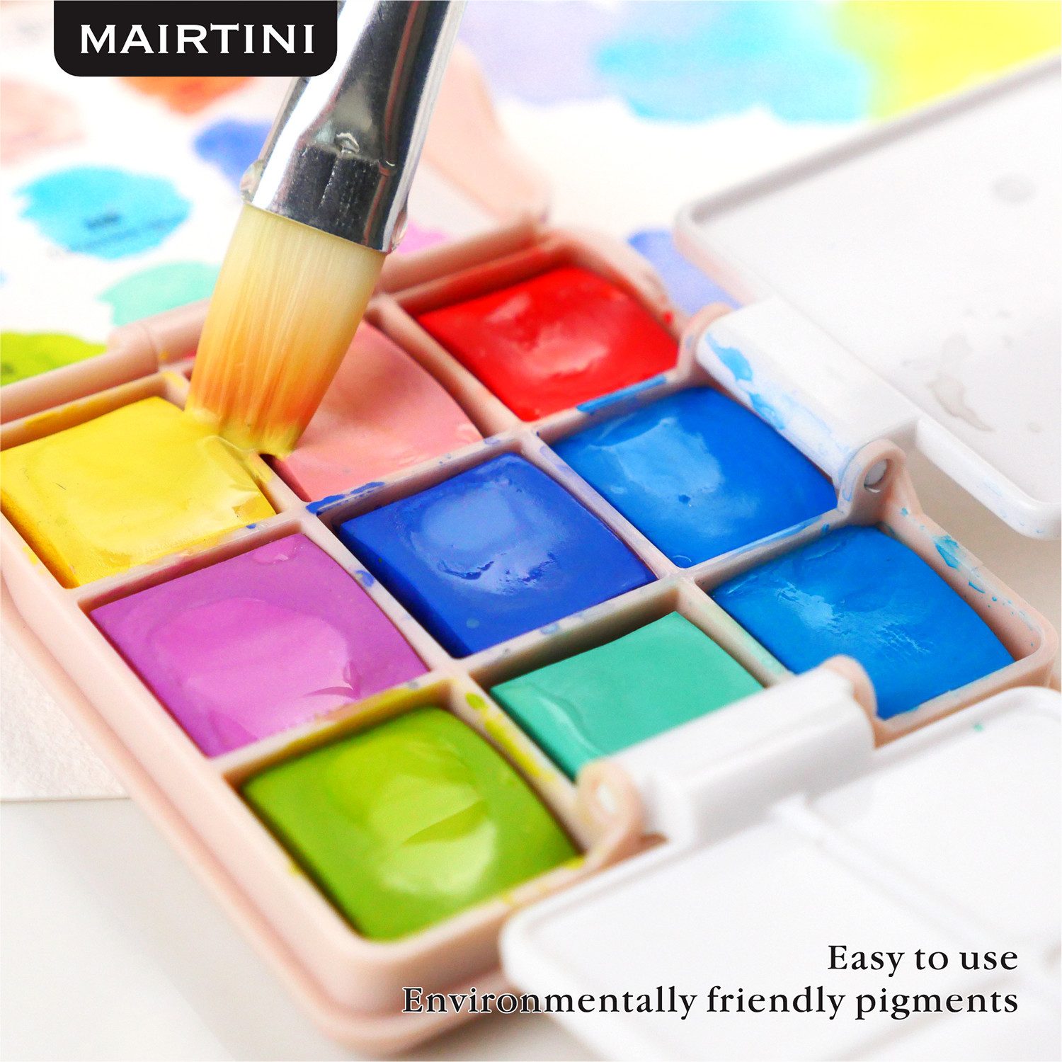 Mairtini Aquarellfarbe Set - 9 intensive Farben im mini stylischen grün/ rot/ rosa Reiseetui, Ideal für unterwegs & kreative Momente