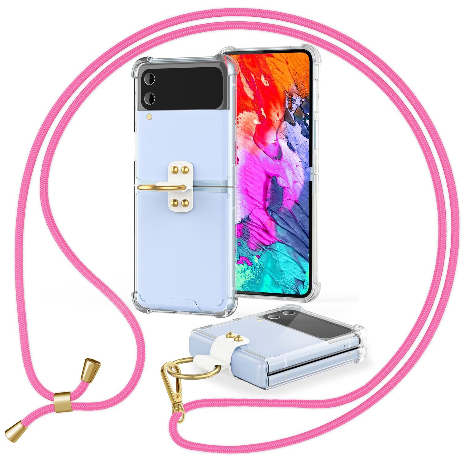 Nalia Backcover Samsung Galaxy Z Flip4 17 cm (6,7 Zoll), Klare Hülle mit Kette zum Umhängen / Ring als Fingerhalter / Handyband
