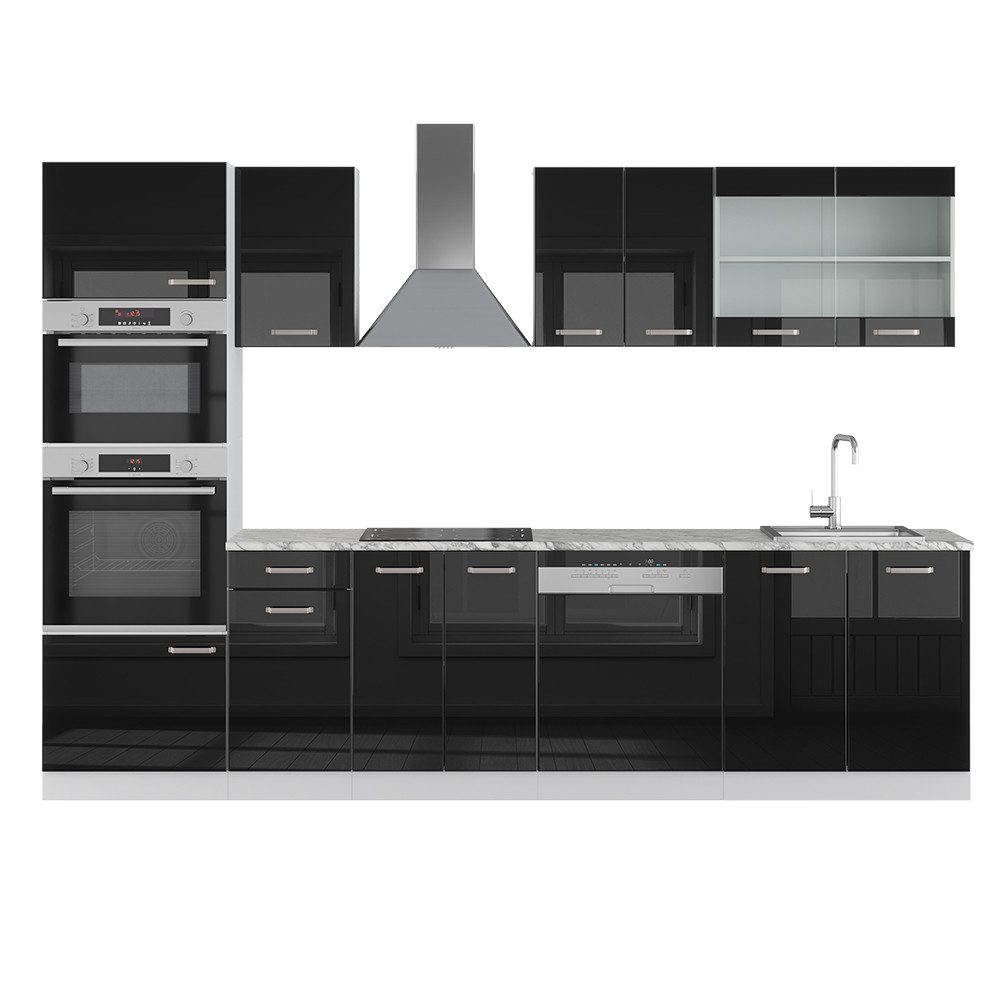 Vicco Küchenzeile R-Line Schwarz Hochglanz/Weiß, 300cm + Hochschrank ohne Arbeitsplatte