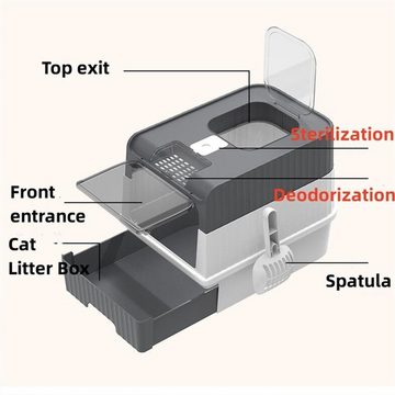 GLIESE Katzentoilette Katzenklo mit Deckel Katzenhaus mit Bodenschale Kunststoff Weiß+Grau